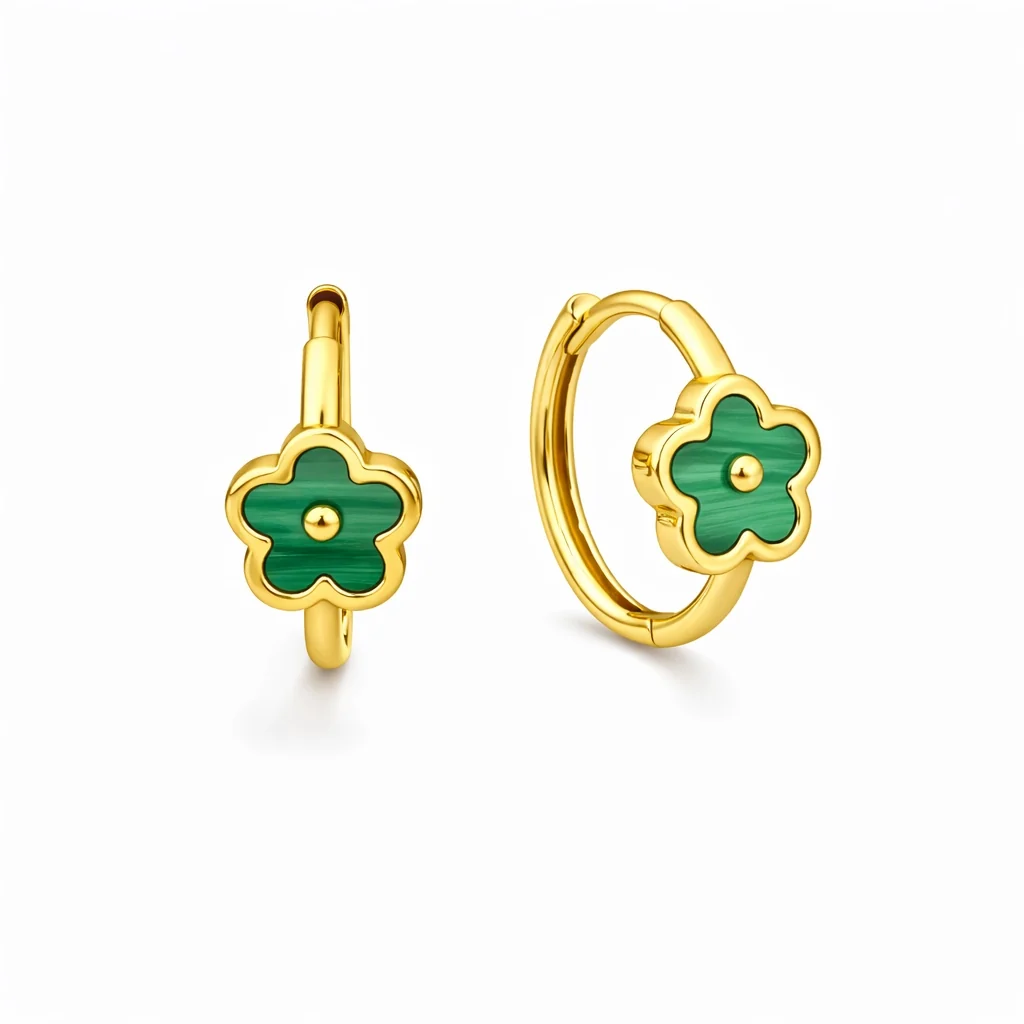 14K Gold Malachite Flower Huggie Earrings
