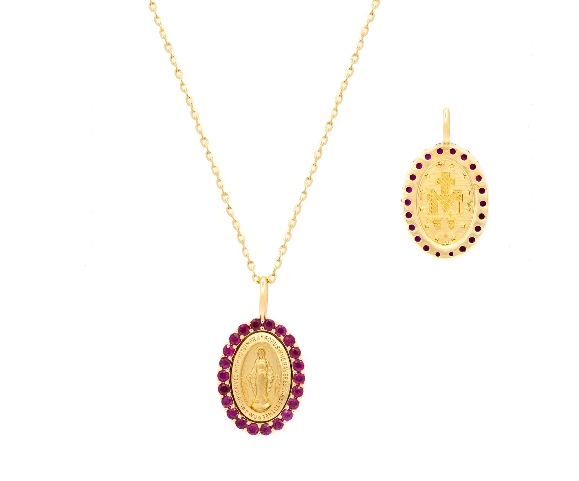 Small Miraculous Medal with Color Stone Border Necklace - Image 2