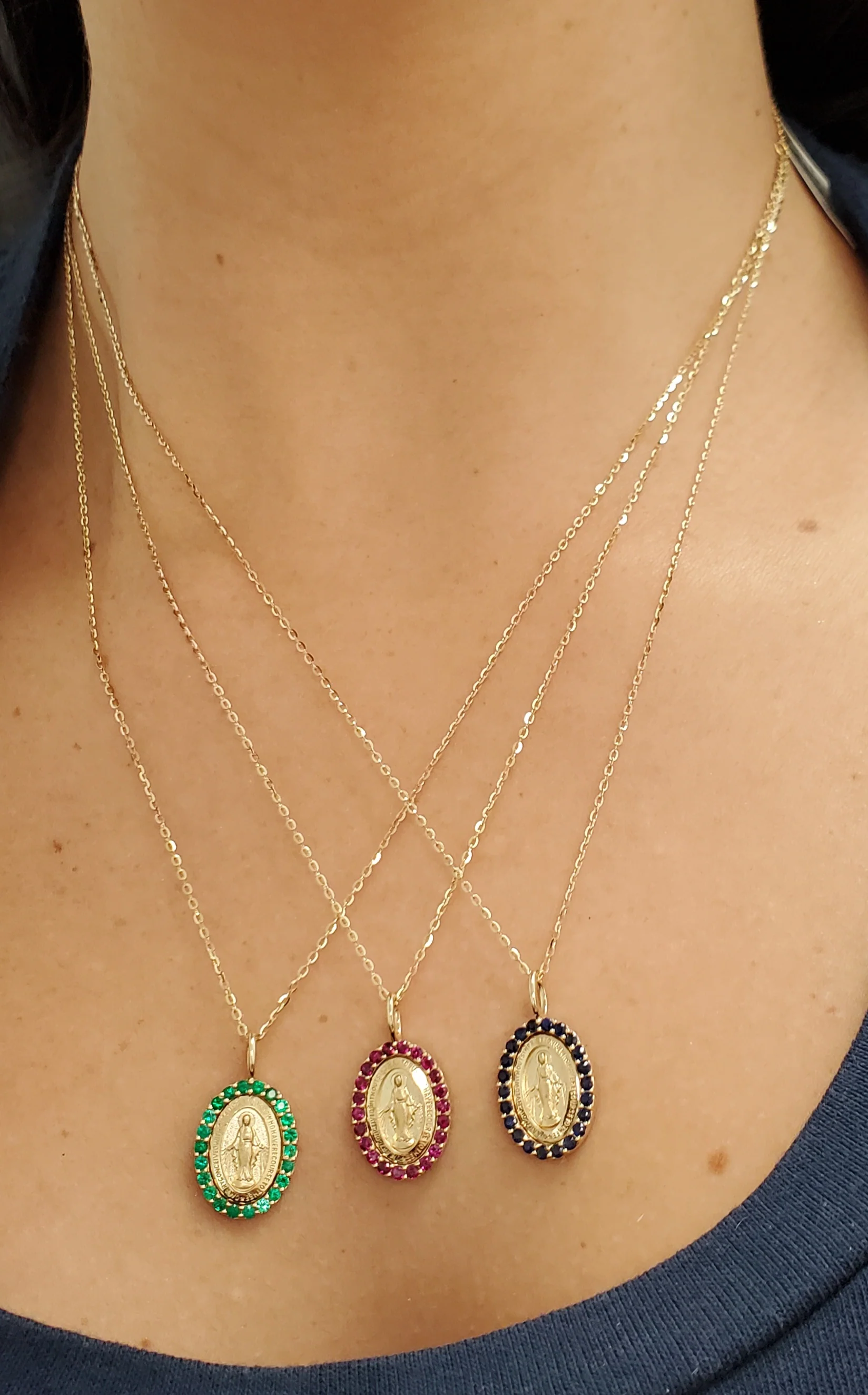 Small Miraculous Medal with Color Stone Border Necklace - Image 4