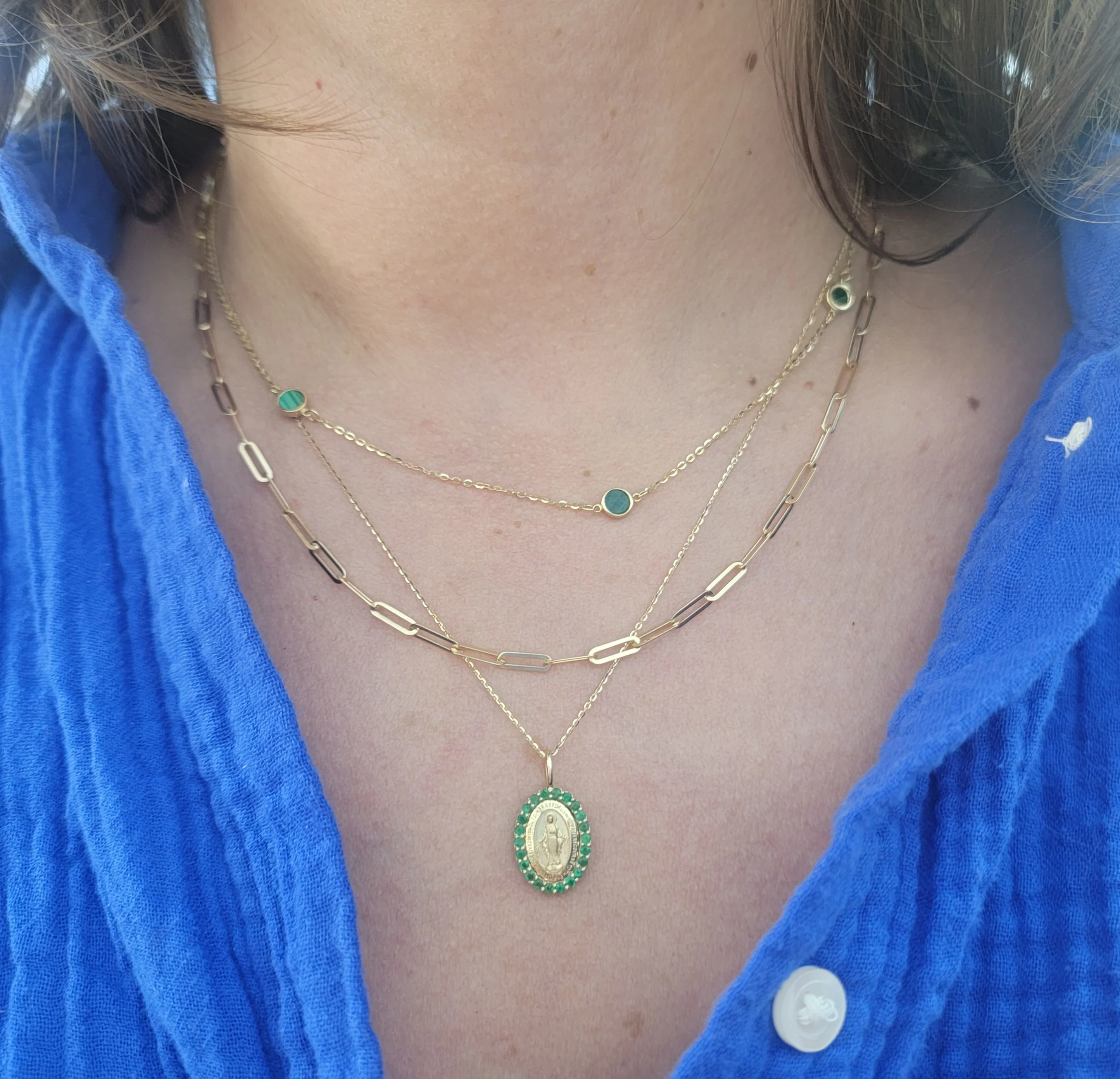 Small Miraculous Medal with Color Stone Border Necklace - Image 5