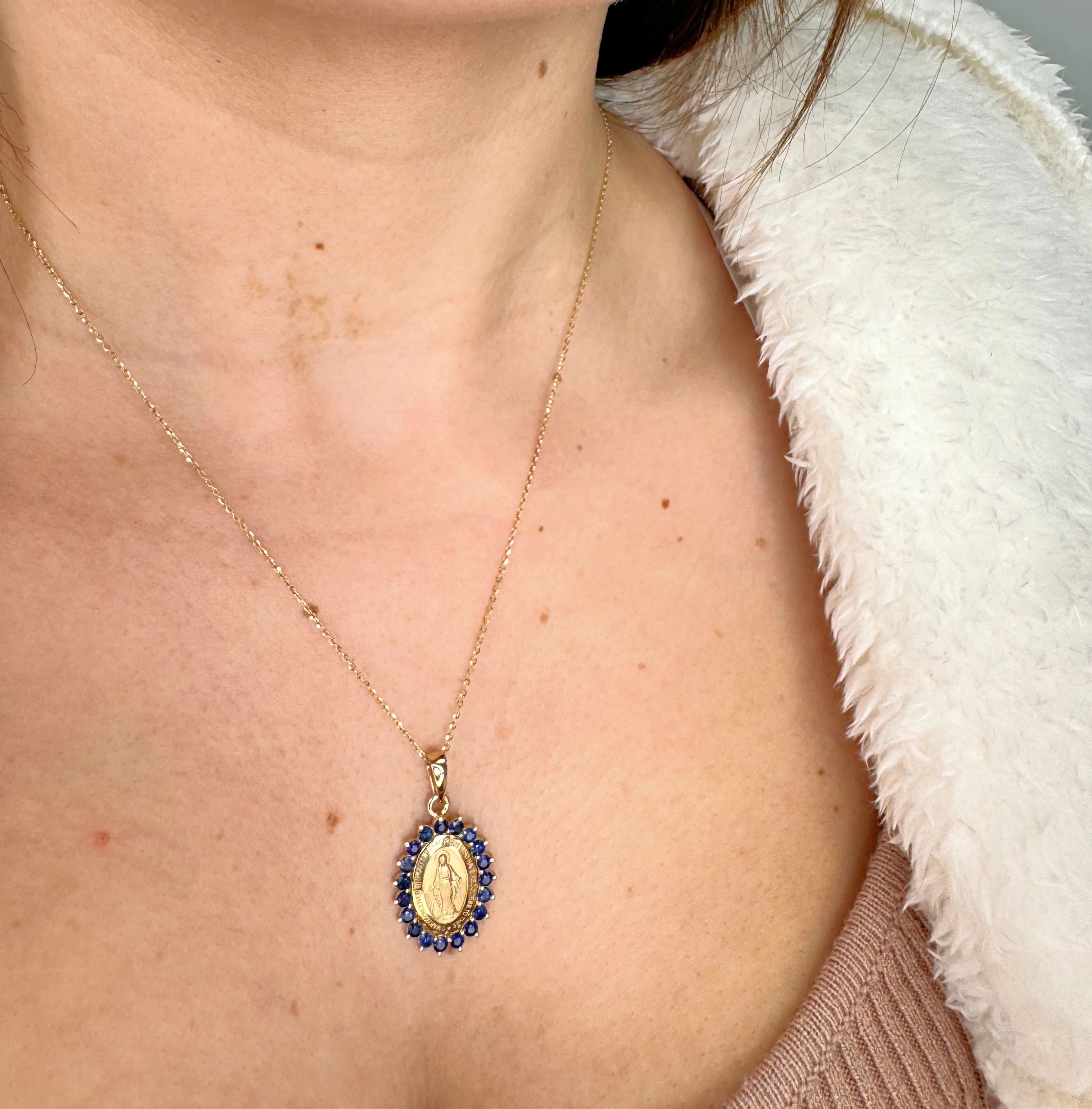 Small Miraculous Medal with Color Stone Border Necklace - Image 6