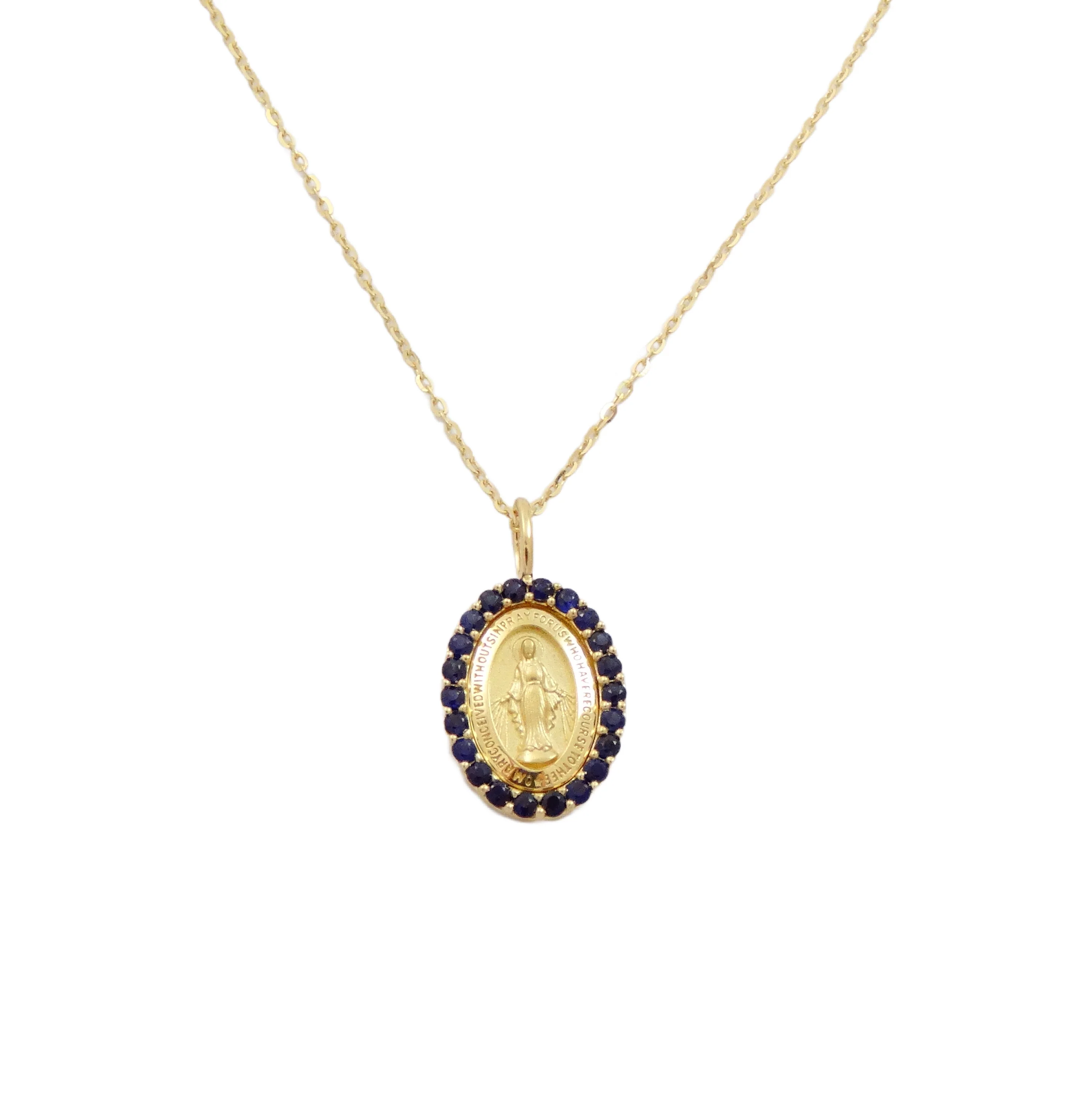 Small Miraculous Medal with Color Stone Border Necklace - Image 8