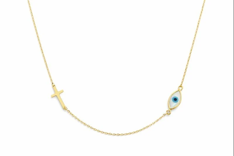 14K Gold Mother Of Pearl Evil Eye Cross Necklace - Image 4