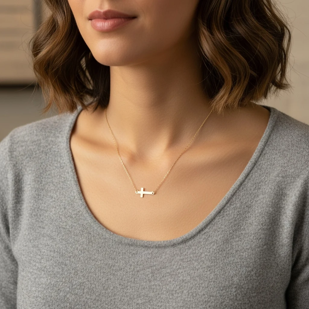 14K Gold Petite Sideways Cross Necklace - Image 2