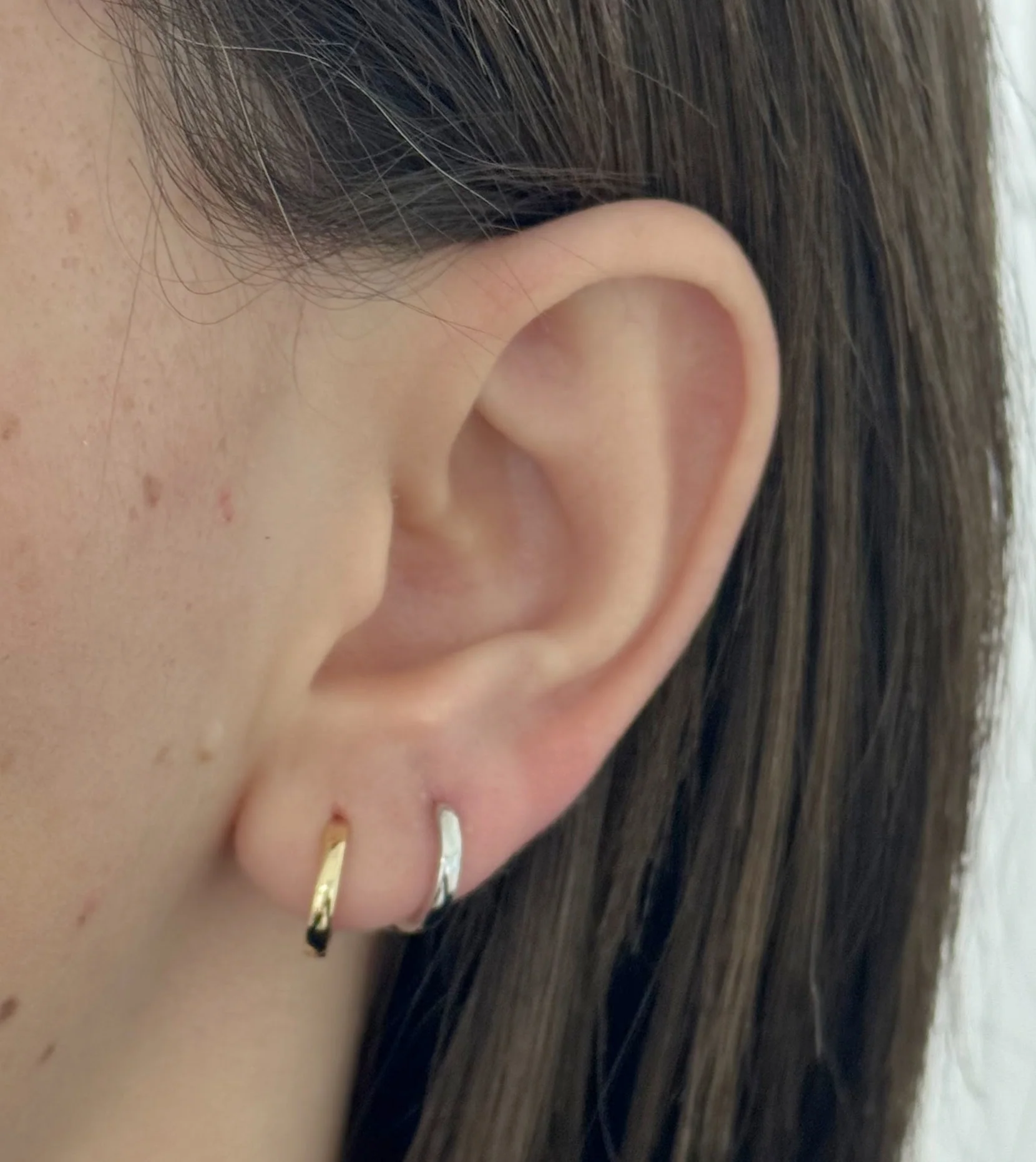 14K Two Tone Gold Huggie Earrings 11mm - Image 2