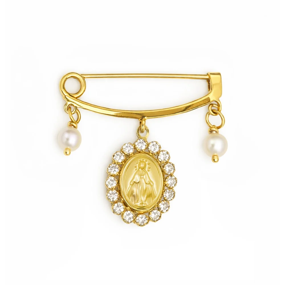 14K Yellow Gold Double Pearl or Turquoise Miraculous Medal CZ Dangle Baby Pin