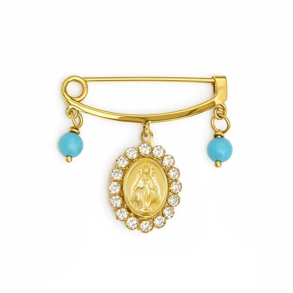 14K Yellow Gold Double Pearl or Turquoise Miraculous Medal CZ Dangle Baby Pin - Image 2