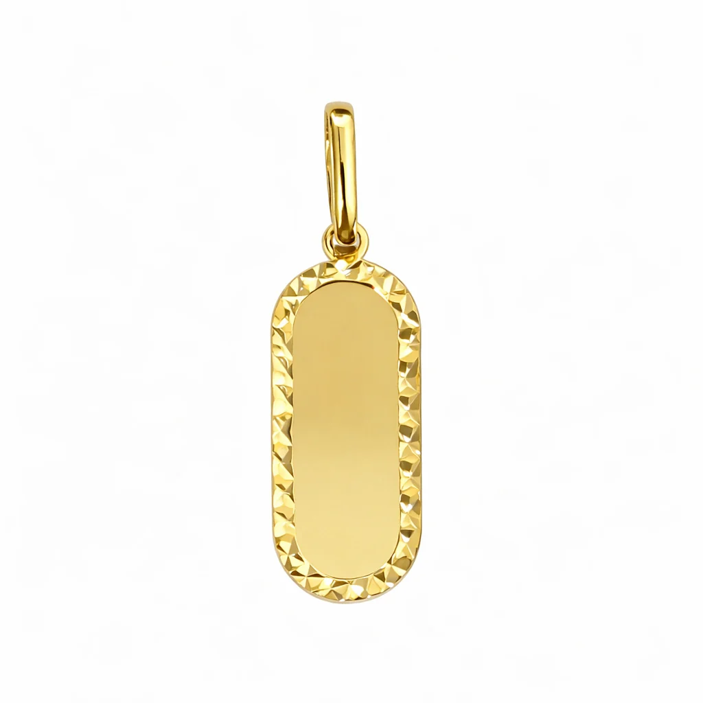 14K Yellow Gold Elongated Oval Diamond Cut Border Dog Tag Medallion