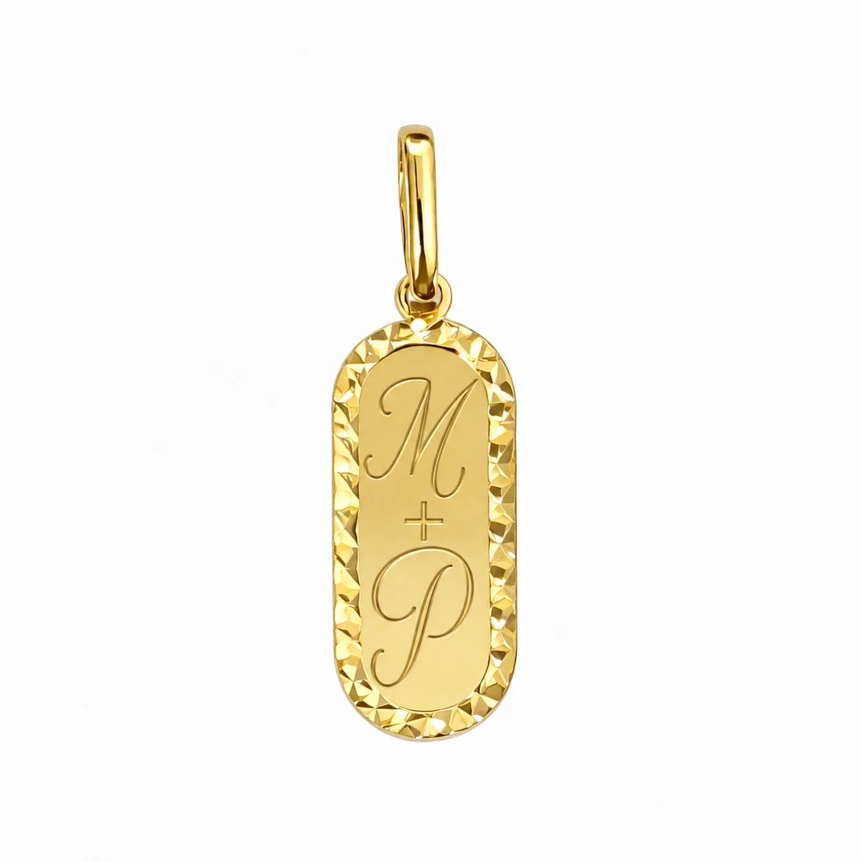 14K Yellow Gold Elongated Oval Diamond Cut Border Dog Tag Medallion - Image 3