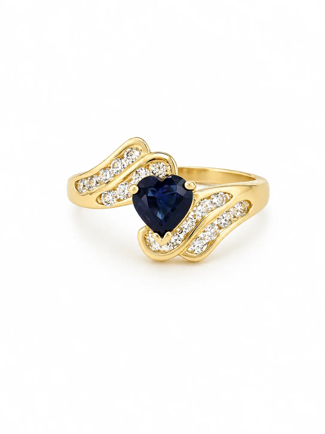 14K Yellow Gold Heart Shape Blue Sapphire & Diamond Wave Ring