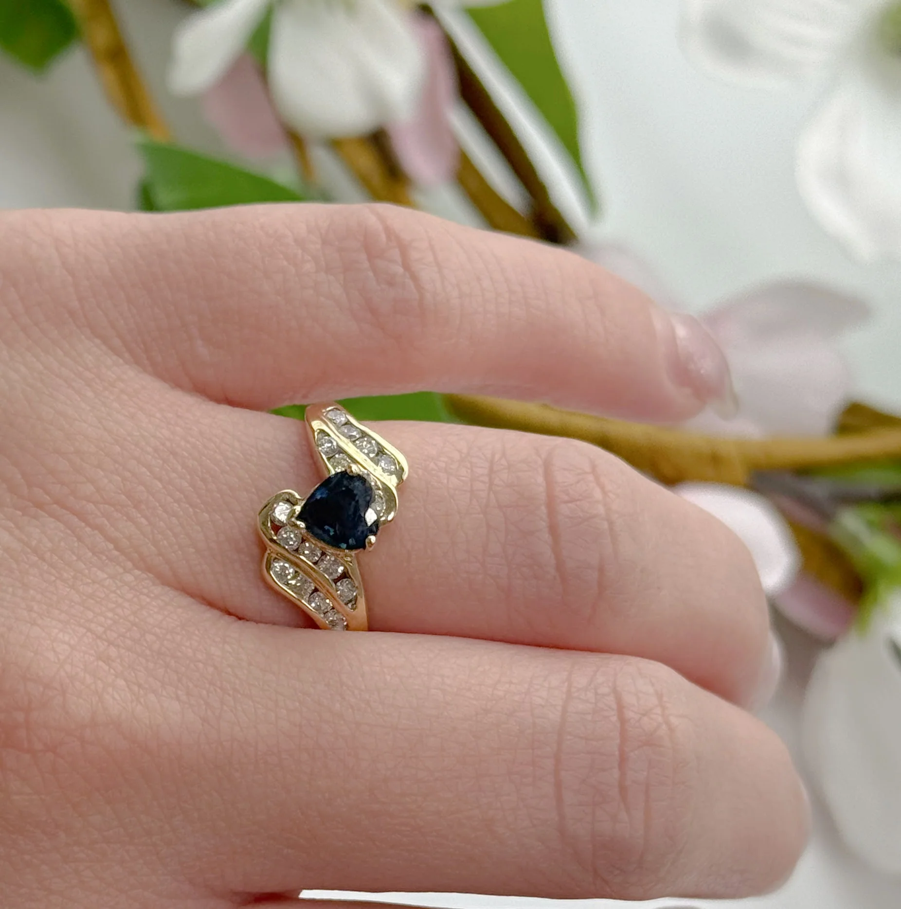 14K Yellow Gold Heart Shape Blue Sapphire & Diamond Wave Ring - Image 2