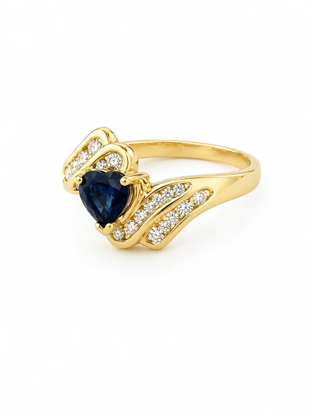 14K Yellow Gold Heart Shape Blue Sapphire & Diamond Wave Ring - Image 3