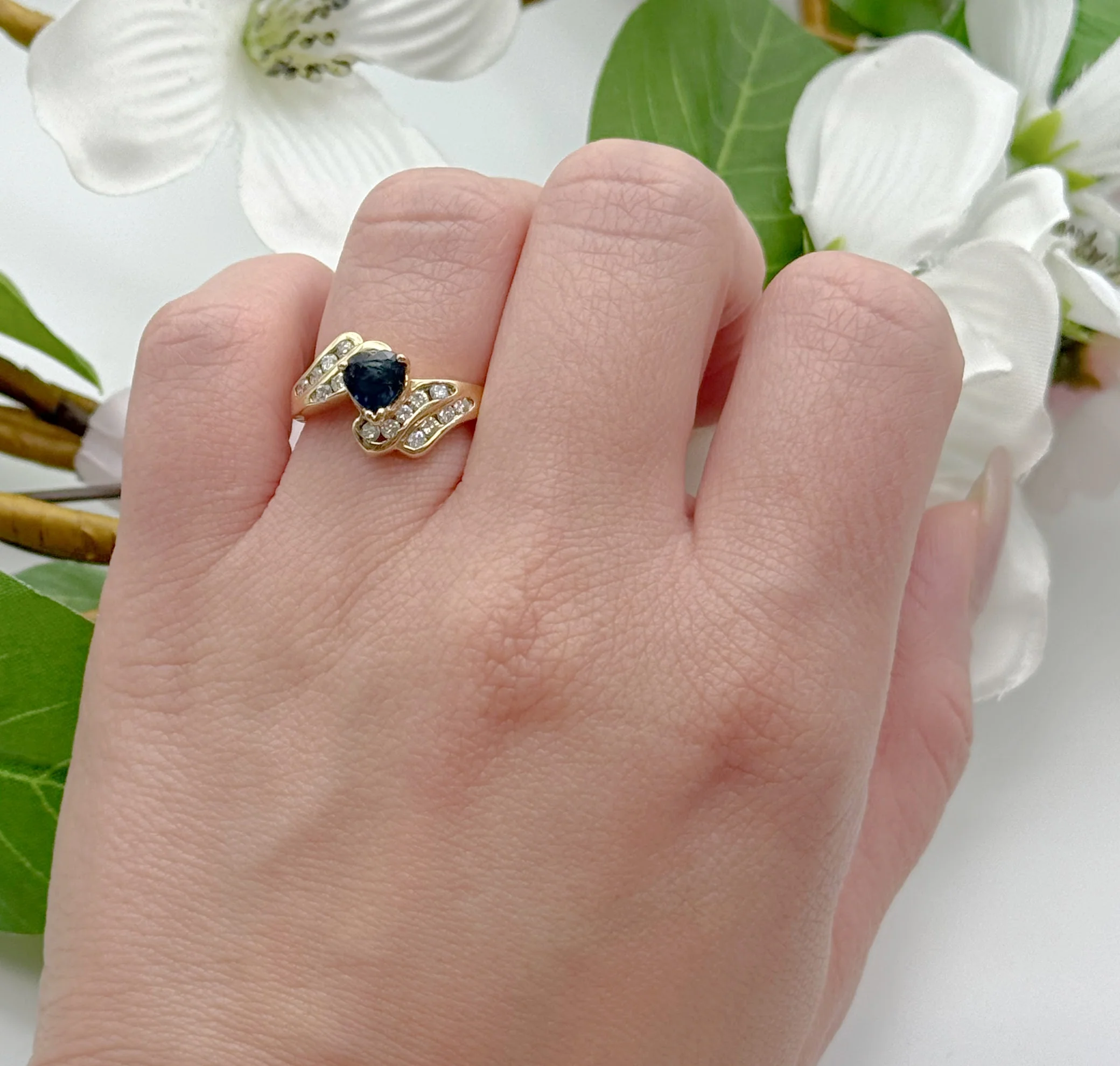 14K Yellow Gold Heart Shape Blue Sapphire & Diamond Wave Ring - Image 4