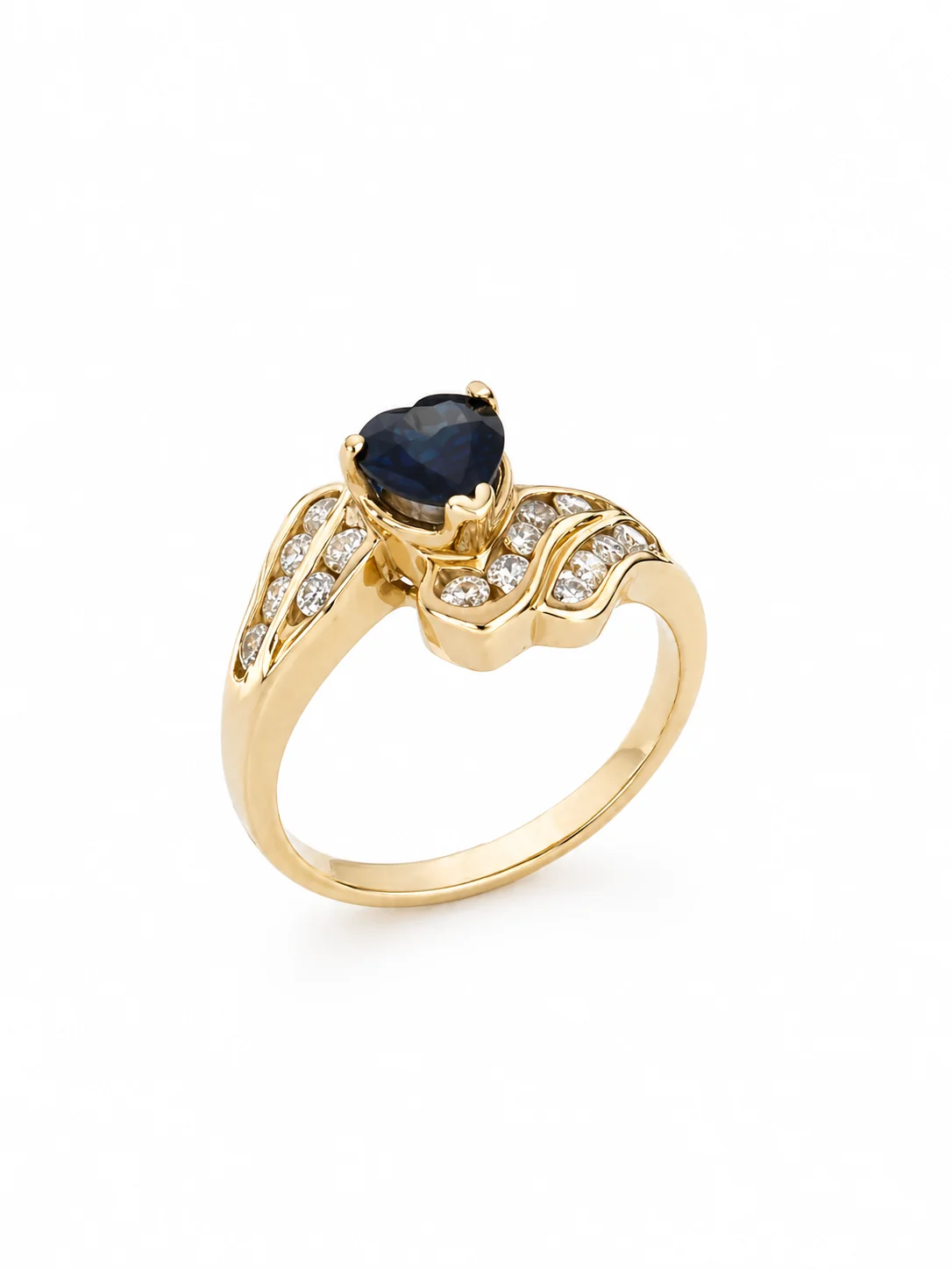 14K Yellow Gold Heart Shape Blue Sapphire & Diamond Wave Ring - Image 5