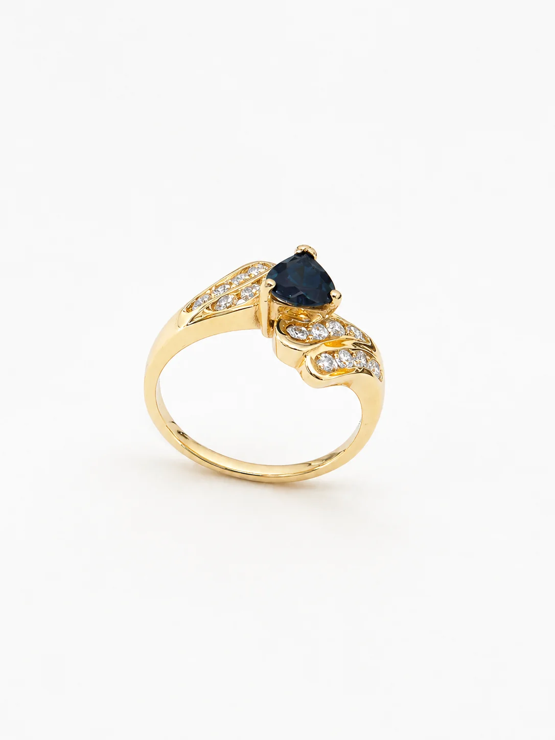 14K Yellow Gold Heart Shape Blue Sapphire & Diamond Wave Ring - Image 6