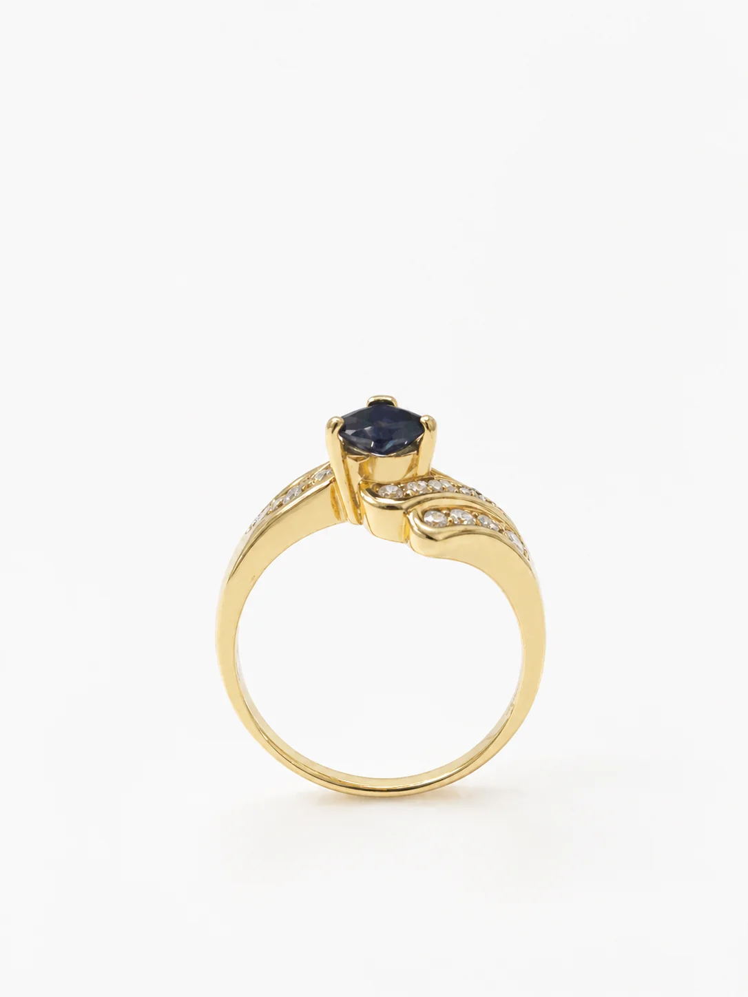 14K Yellow Gold Heart Shape Blue Sapphire & Diamond Wave Ring - Image 7