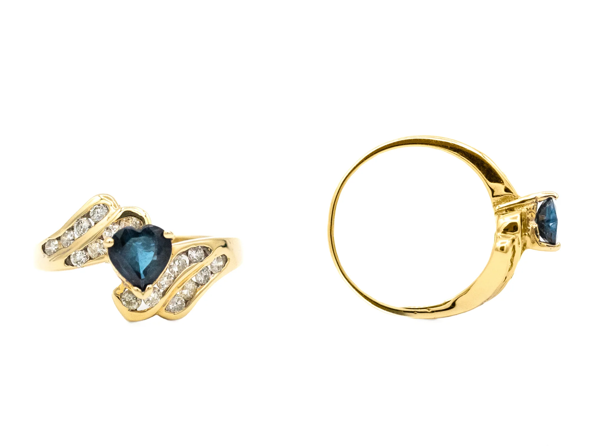 14K Yellow Gold Heart Shape Blue Sapphire & Diamond Wave Ring - Image 8