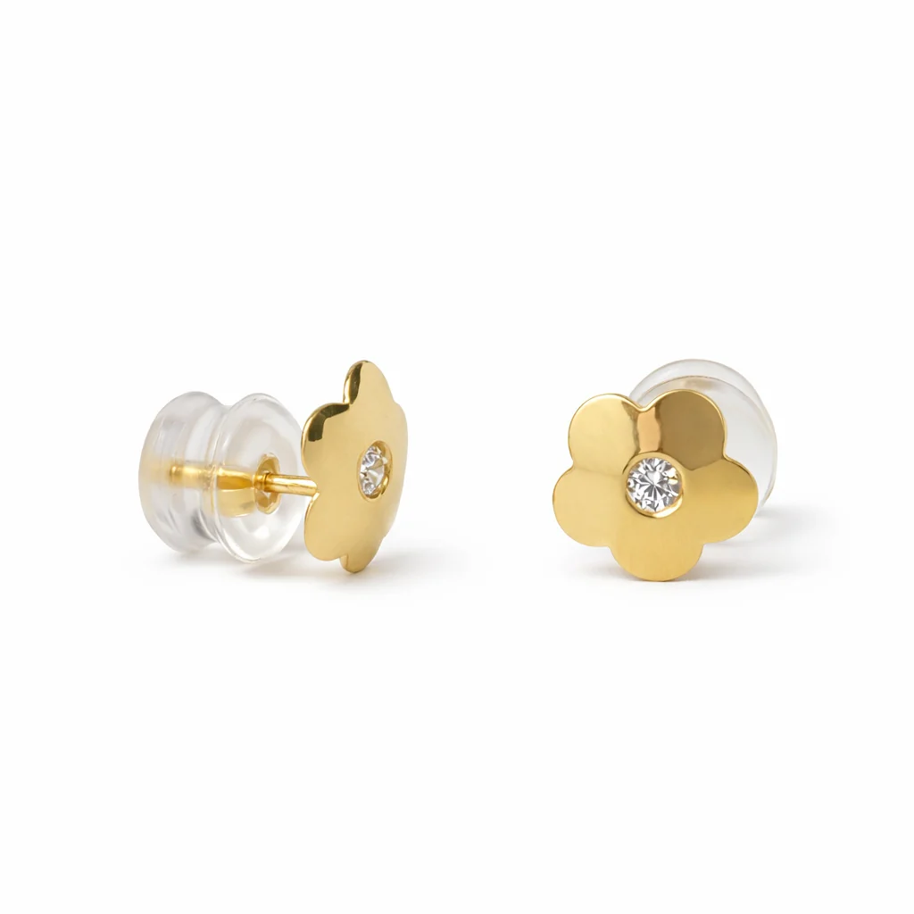 14K Yellow Gold Petite Flower Stud Earrings with Cubic Zirconia