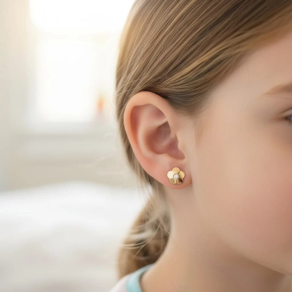 14K Yellow Gold Petite Flower Stud Earrings with Cubic Zirconia - Image 2