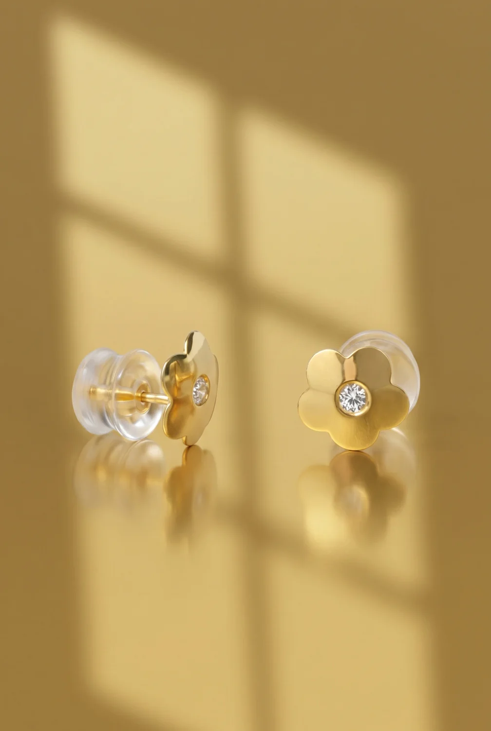 14K Yellow Gold Petite Flower Stud Earrings with Cubic Zirconia - Image 3
