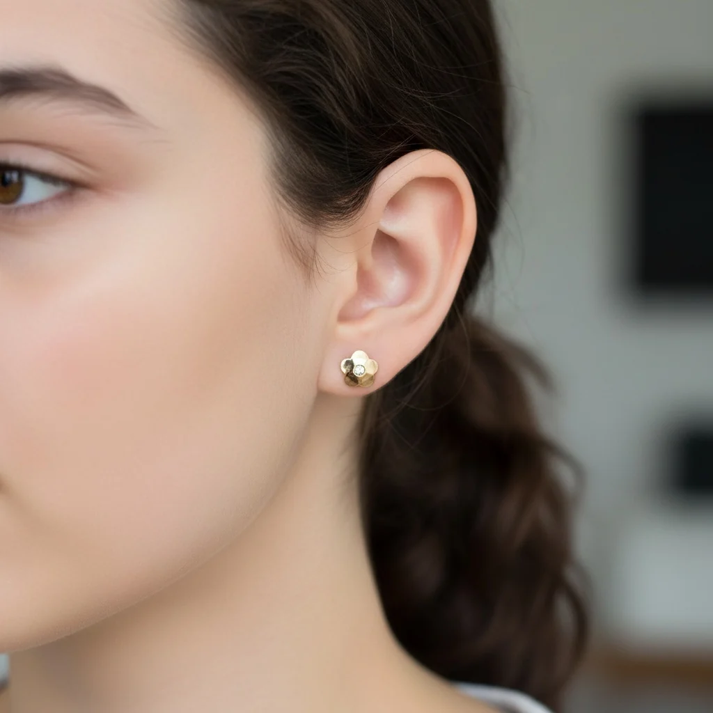 14K Yellow Gold Petite Flower Stud Earrings with Cubic Zirconia - Image 4