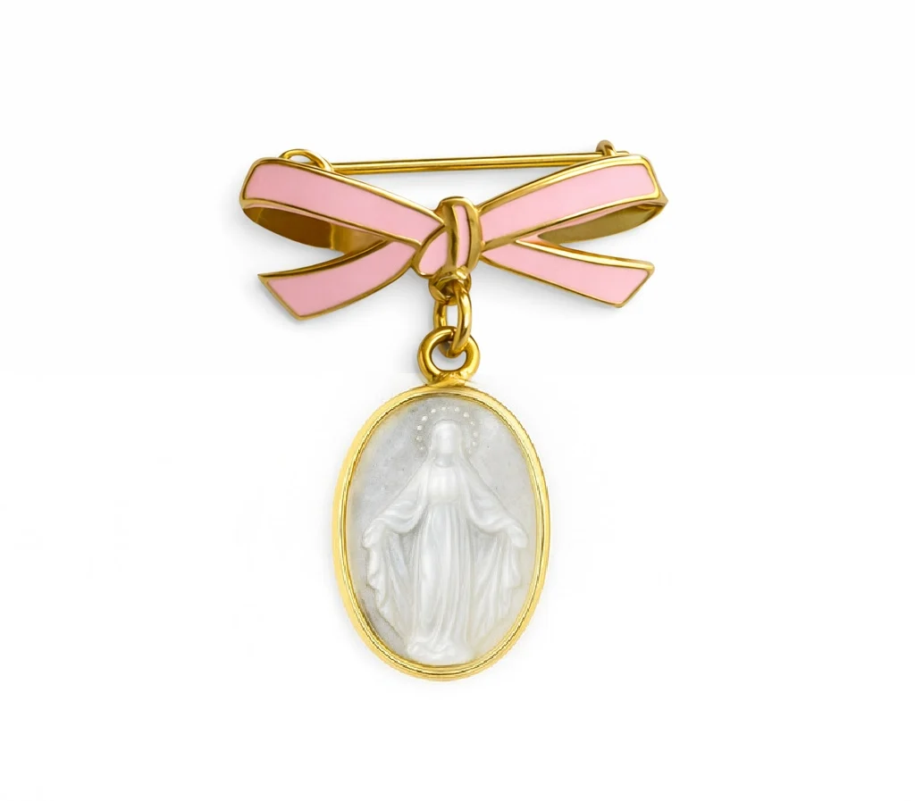 14K Yellow Gold Pink Enamel Bow Mother of Pearl Miraculous Medal Baby Pin