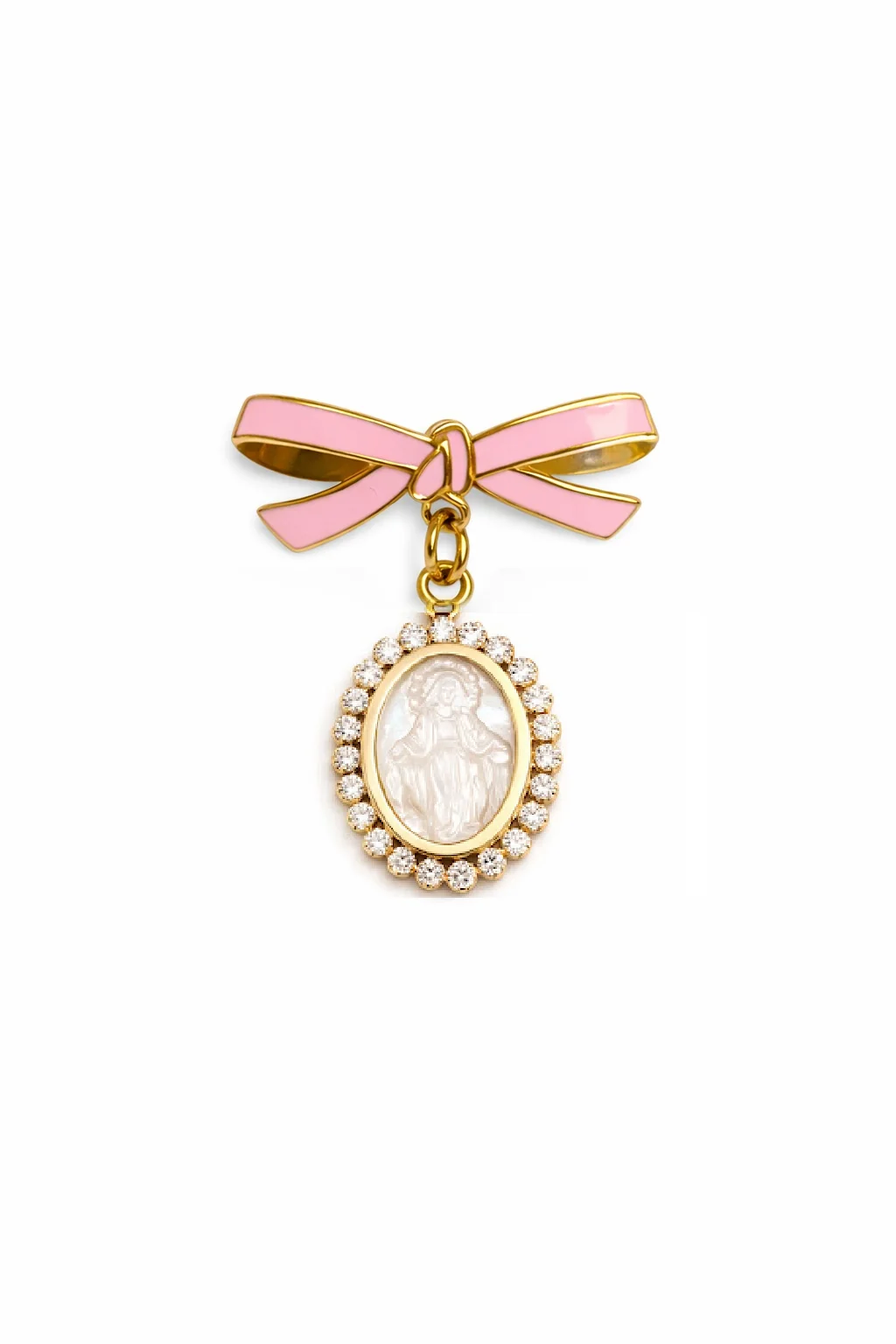 14K Yellow Gold Pink Enamel Bow Baby Pin with CZ Mother of Pearl Miraculous Medal