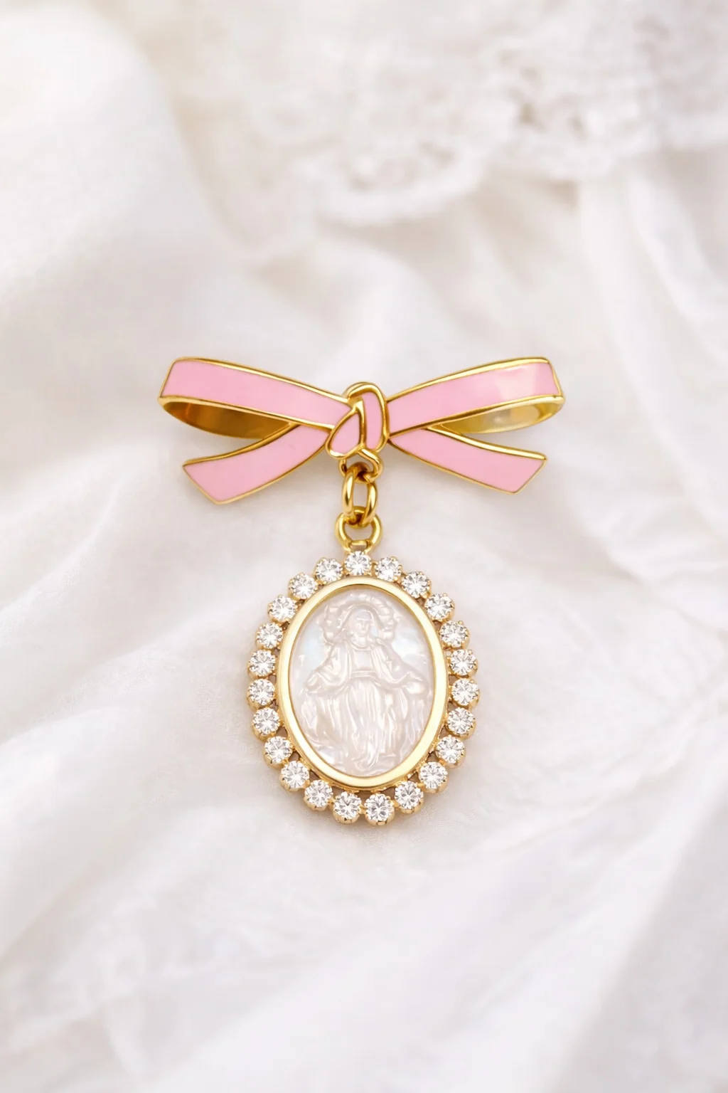 14K Yellow Gold Pink Enamel Bow Baby Pin with CZ Mother of Pearl Miraculous Medal - Image 2