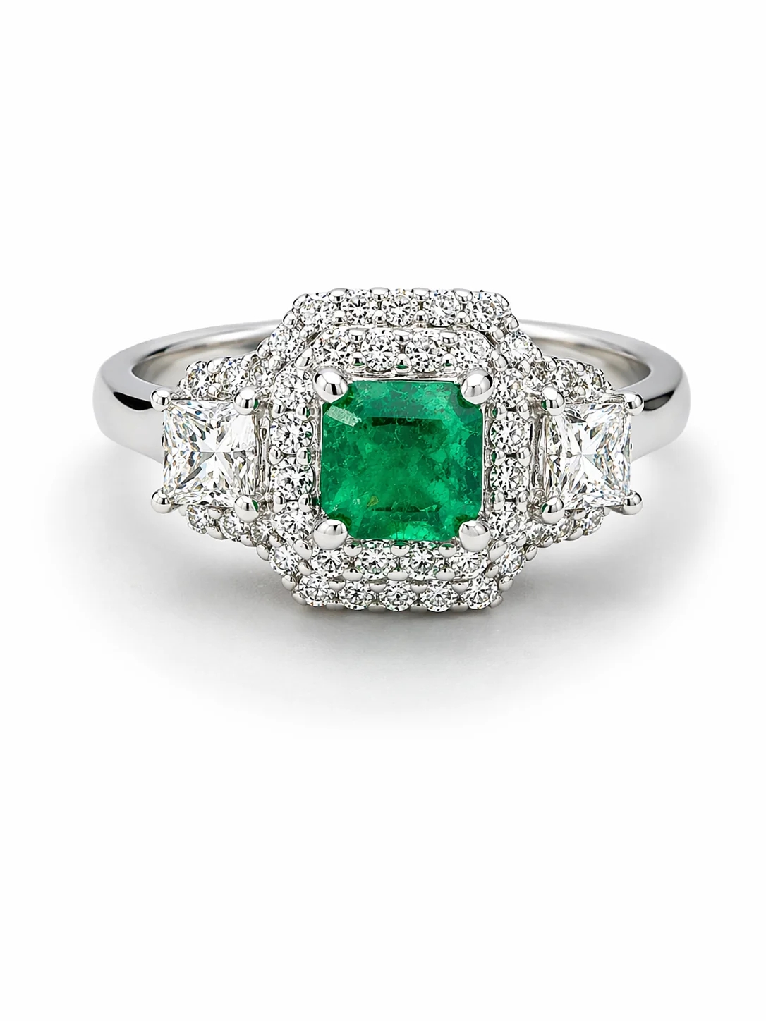 18K White Gold Emerald & Diamond Halo Engagement Ring