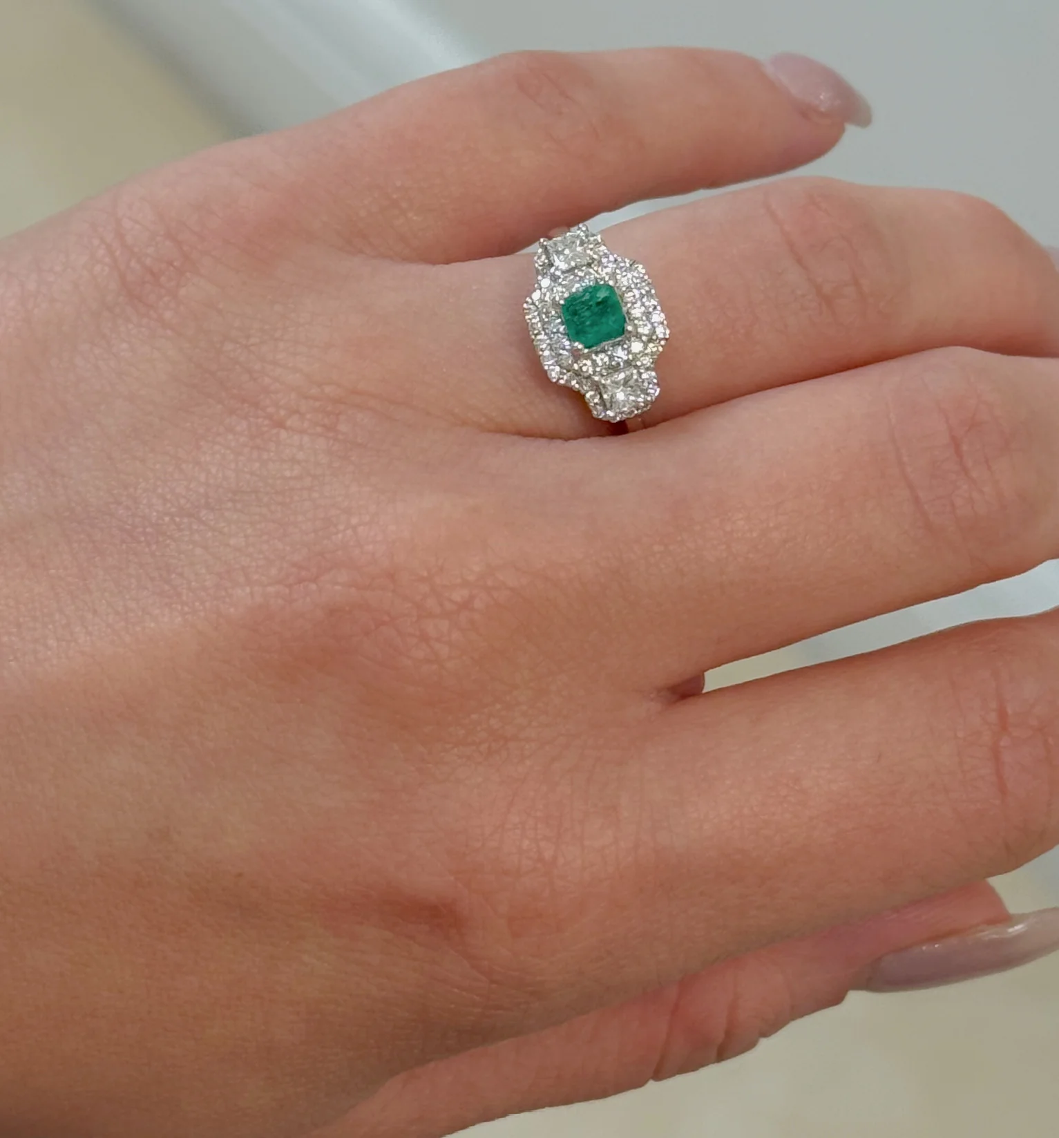 18K White Gold Emerald & Diamond Halo Engagement Ring - Image 2