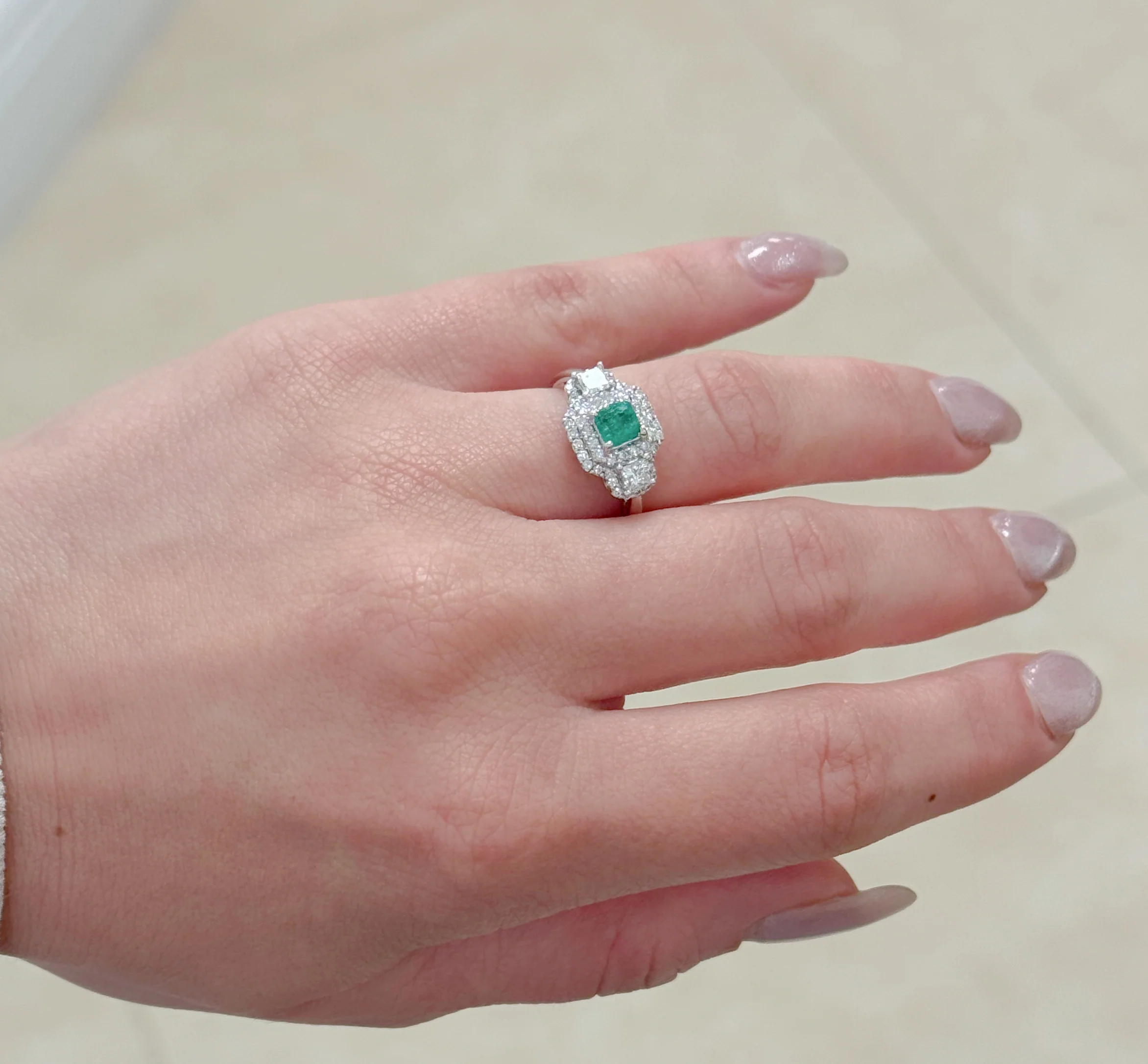 18K White Gold Emerald & Diamond Halo Engagement Ring - Image 3