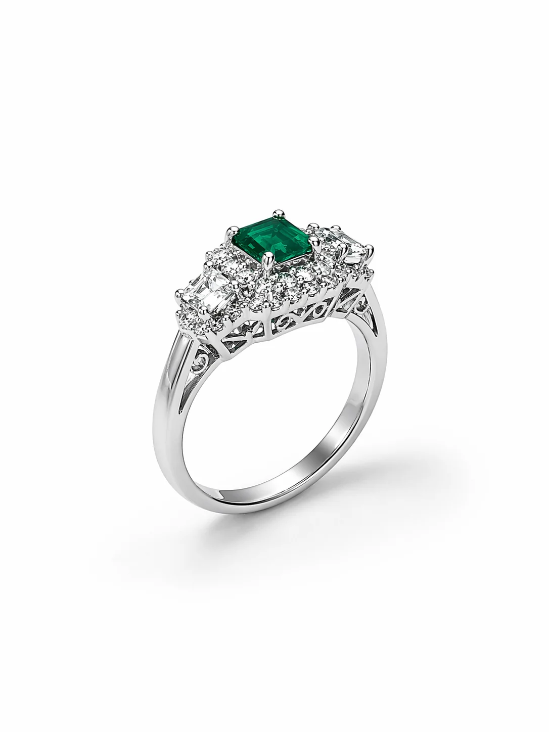 18K White Gold Emerald & Diamond Halo Engagement Ring - Image 4