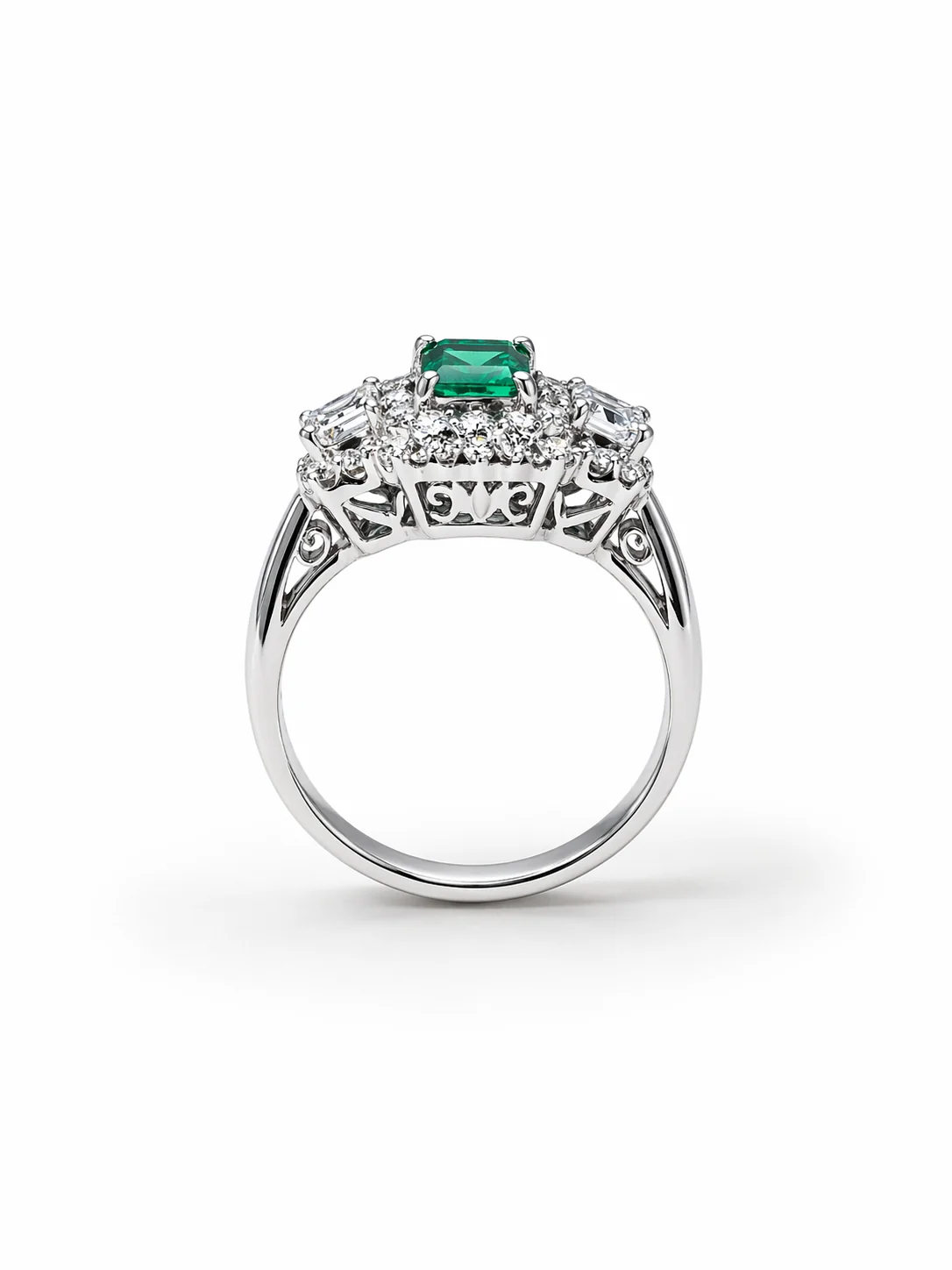 18K White Gold Emerald & Diamond Halo Engagement Ring - Image 5