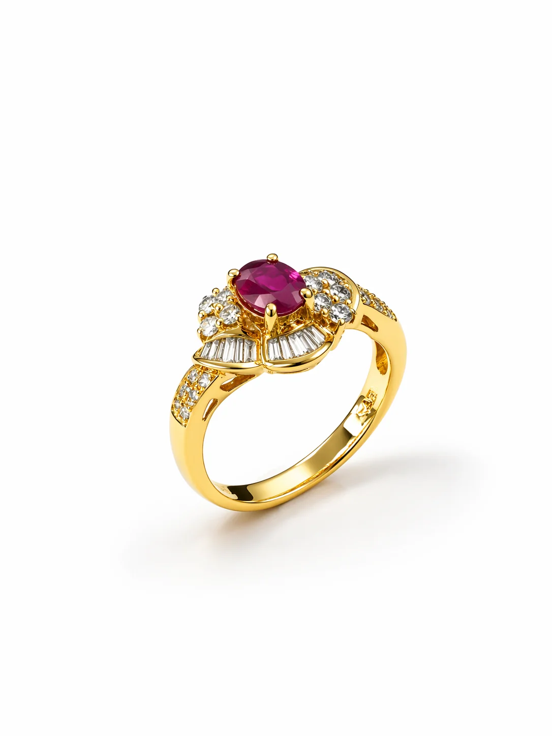 18K Yellow Gold Lab Grown Ruby & Natural Diamond Baguette Halo Ring - Image 5
