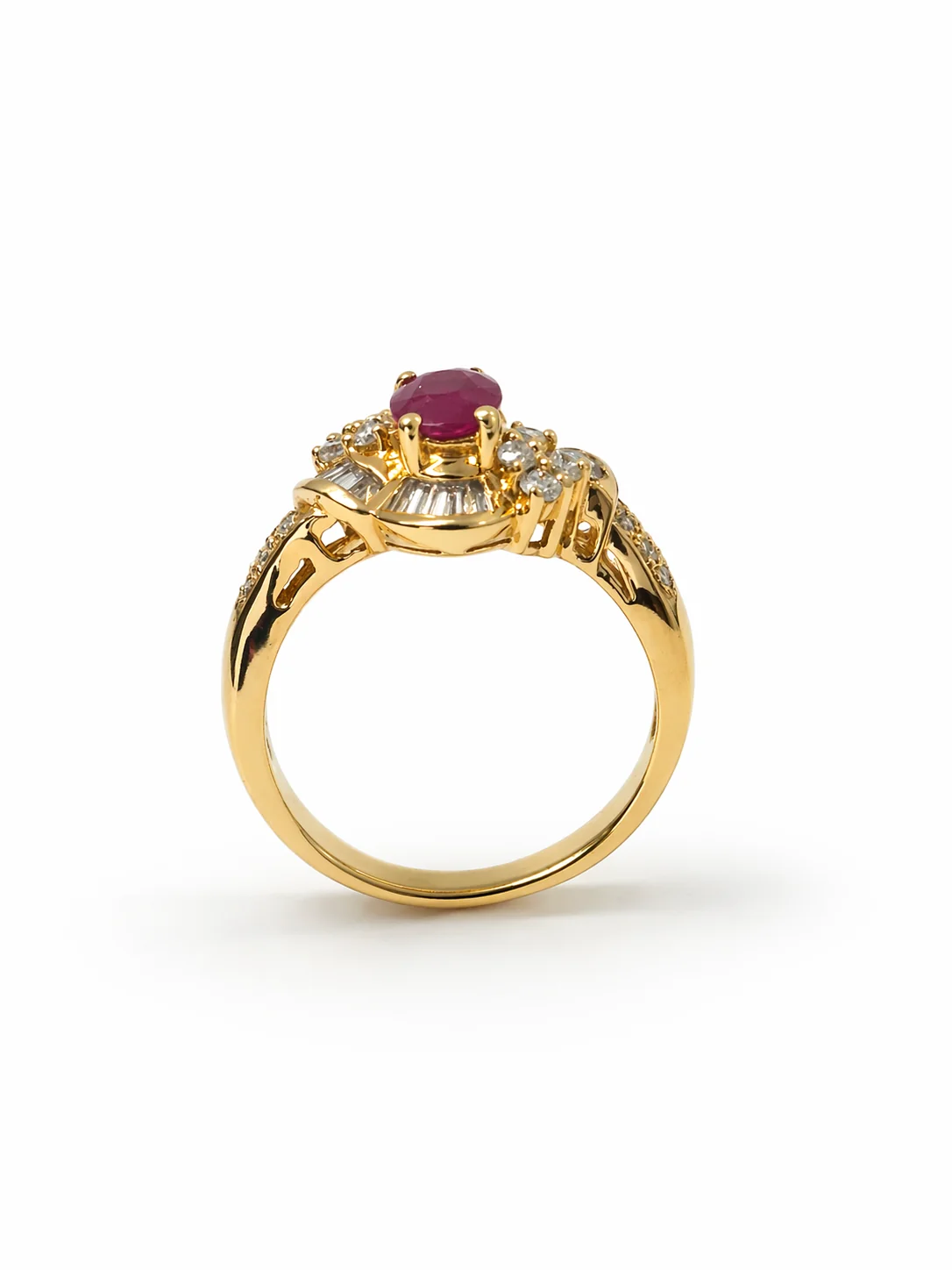 18K Yellow Gold Lab Grown Ruby & Natural Diamond Baguette Halo Ring - Image 6