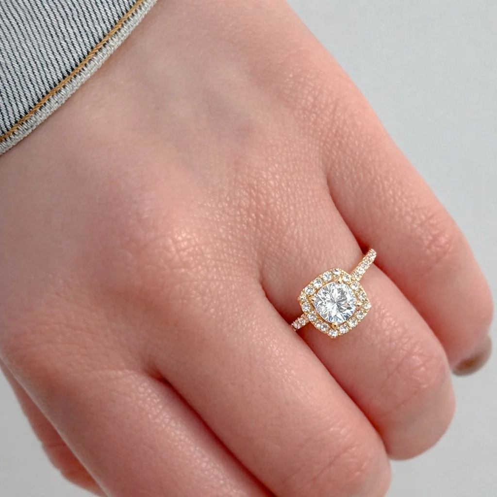 18K Yellow Gold Petite Pave Halo Engagement Ring Setting - Image 3