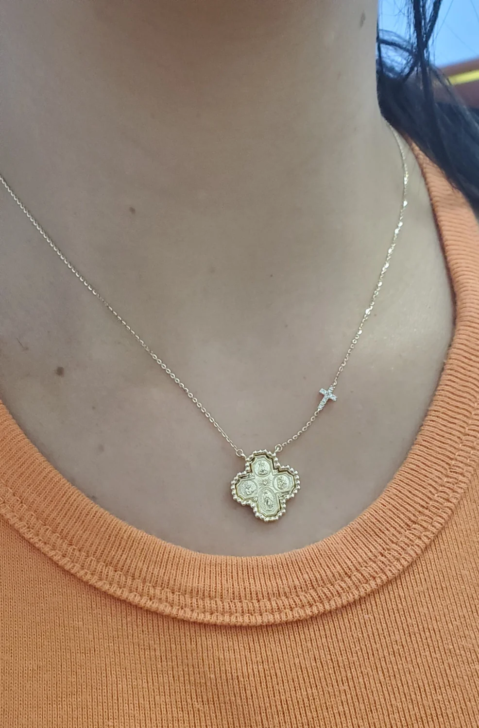 Beaded Border Four Way Medal Cross with Mini Diamond Accent Cross Necklace - Image 2