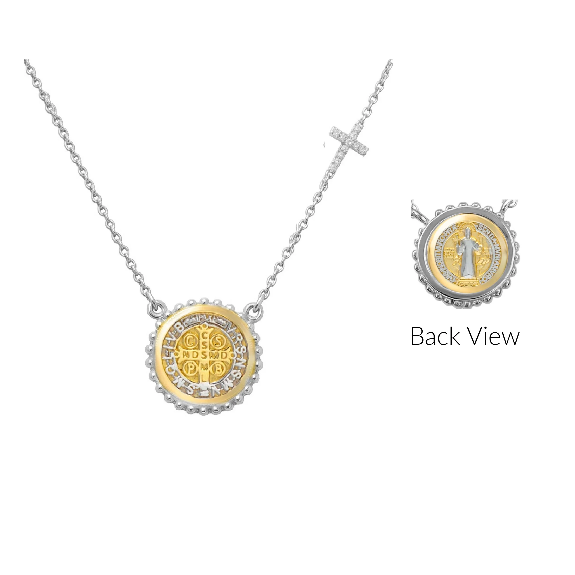 Beaded Border Mini Saint Benedict Medal with Mini Diamond Accent Cross Necklace - Image 10