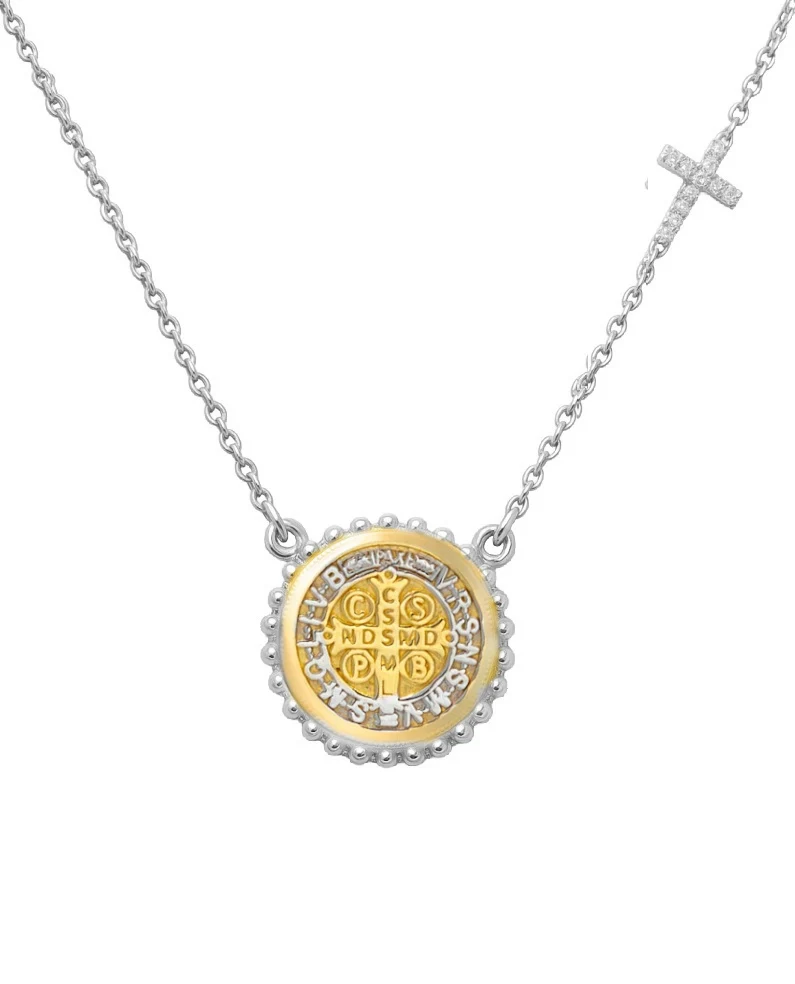Beaded Border Mini Saint Benedict Medal with Mini Diamond Accent Cross Necklace - Image 11