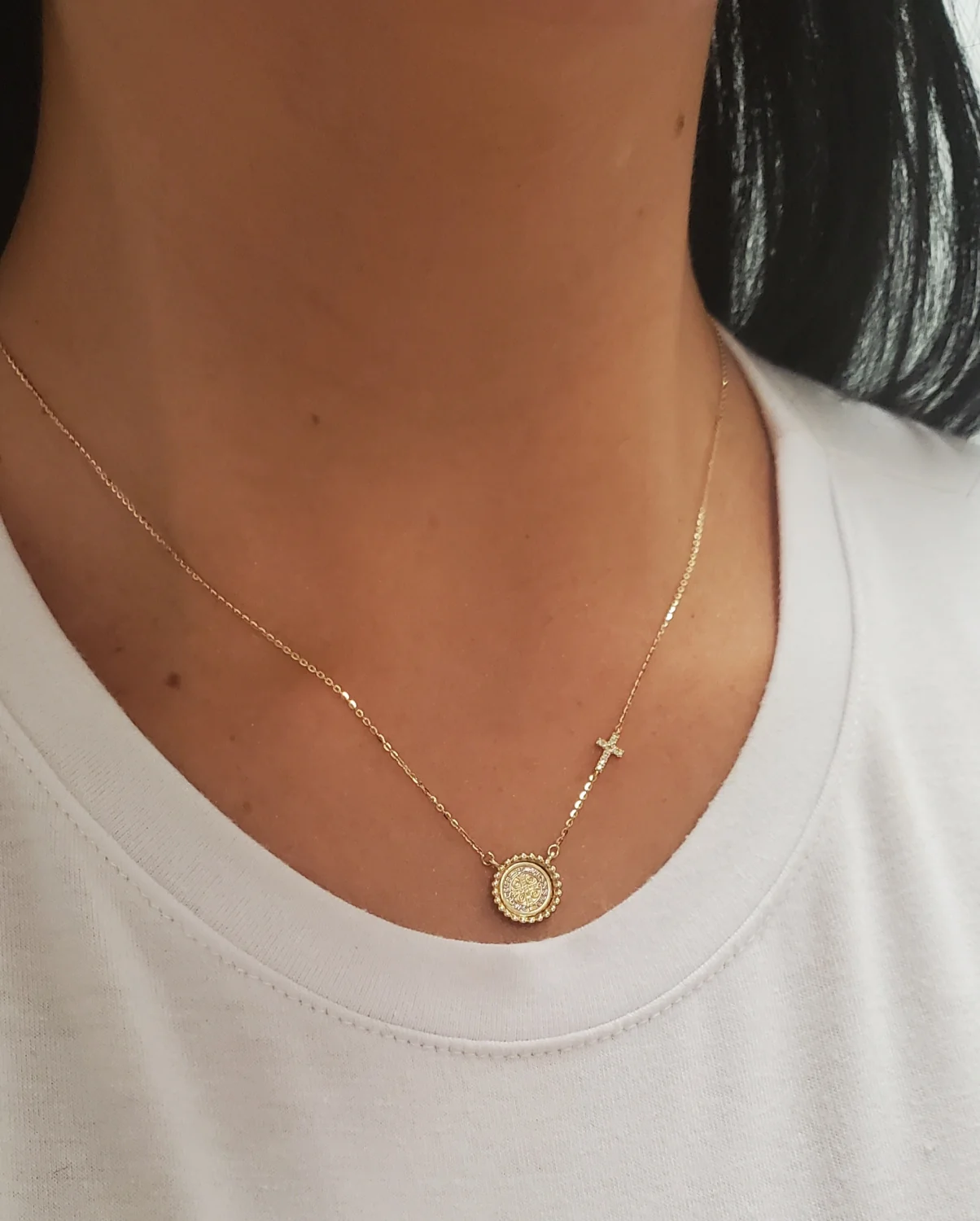 Beaded Border Mini Saint Benedict Medal with Mini Diamond Accent Cross Necklace - Image 3