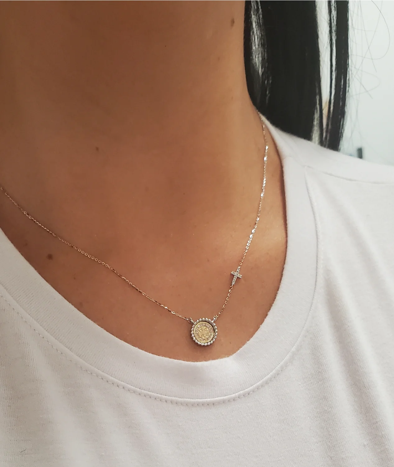 Beaded Border Mini Saint Benedict Medal with Mini Diamond Accent Cross Necklace - Image 4