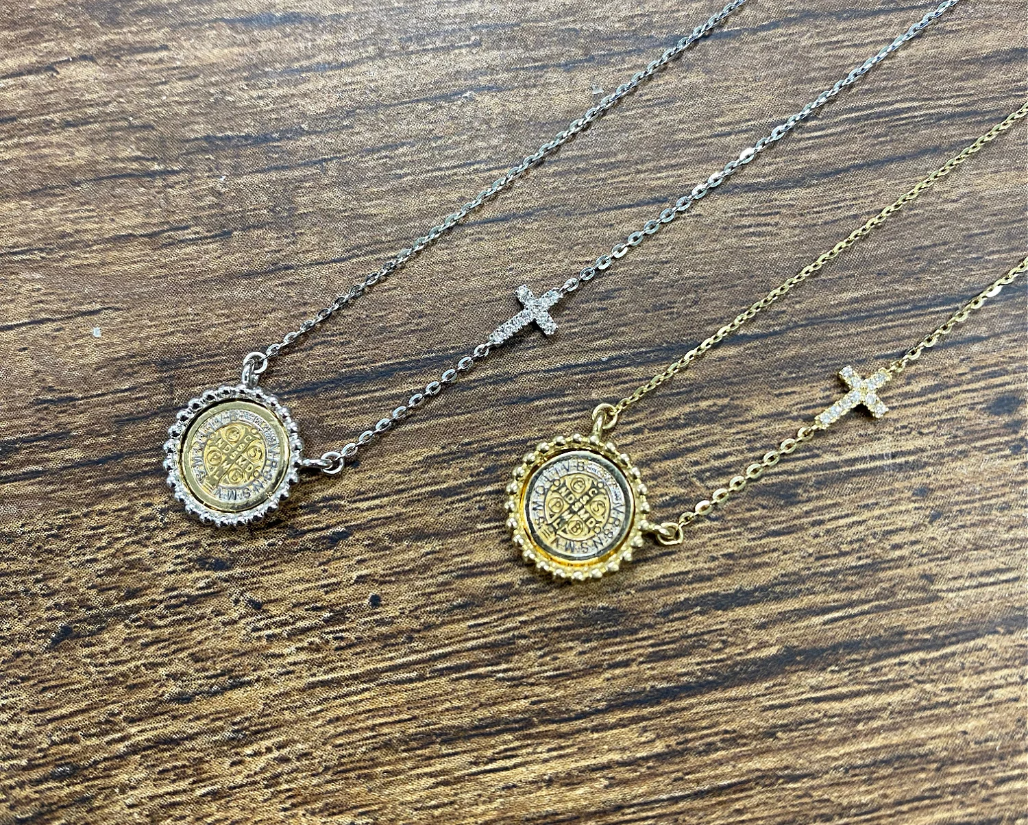 Beaded Border Mini Saint Benedict Medal with Mini Diamond Accent Cross Necklace - Image 5