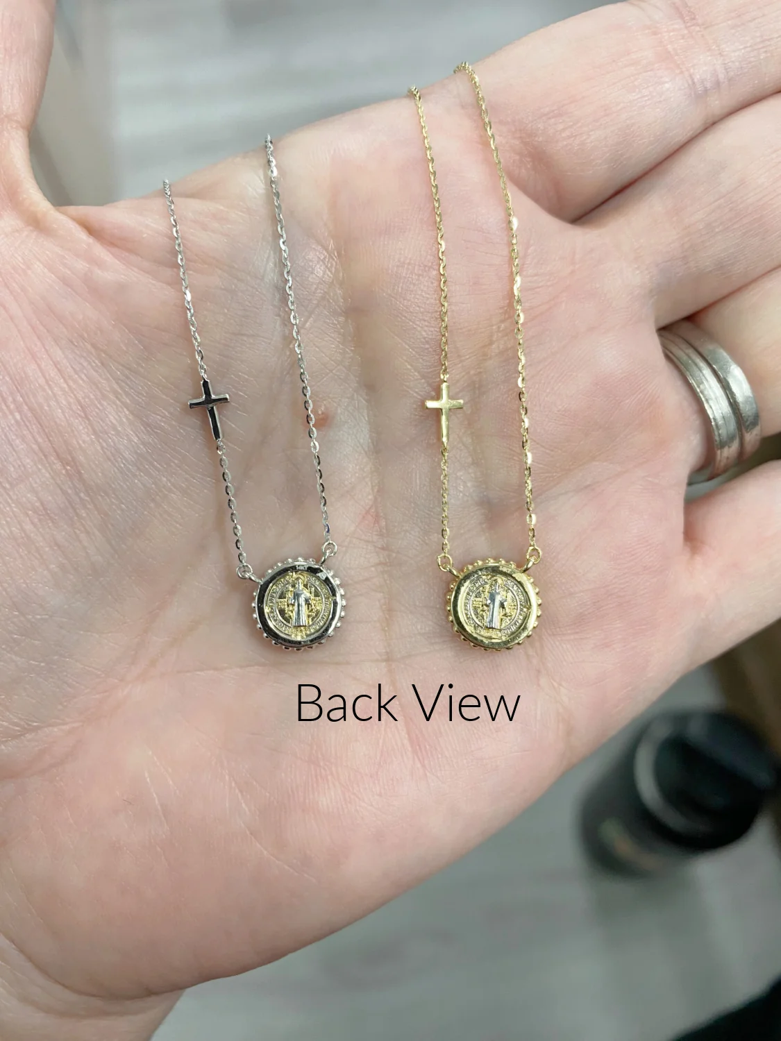 Beaded Border Mini Saint Benedict Medal with Mini Diamond Accent Cross Necklace - Image 7