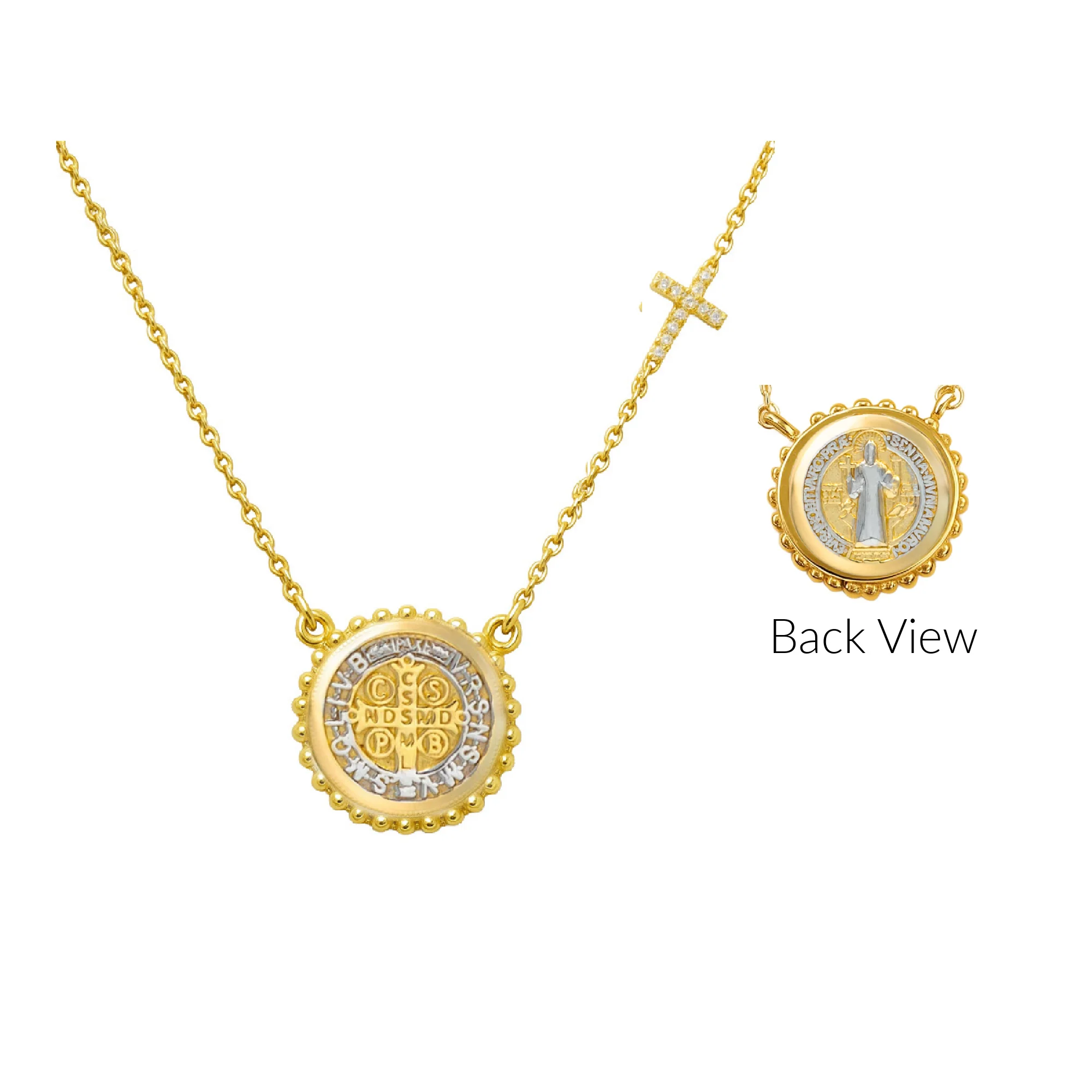 Beaded Border Mini Saint Benedict Medal with Mini Diamond Accent Cross Necklace - Image 9
