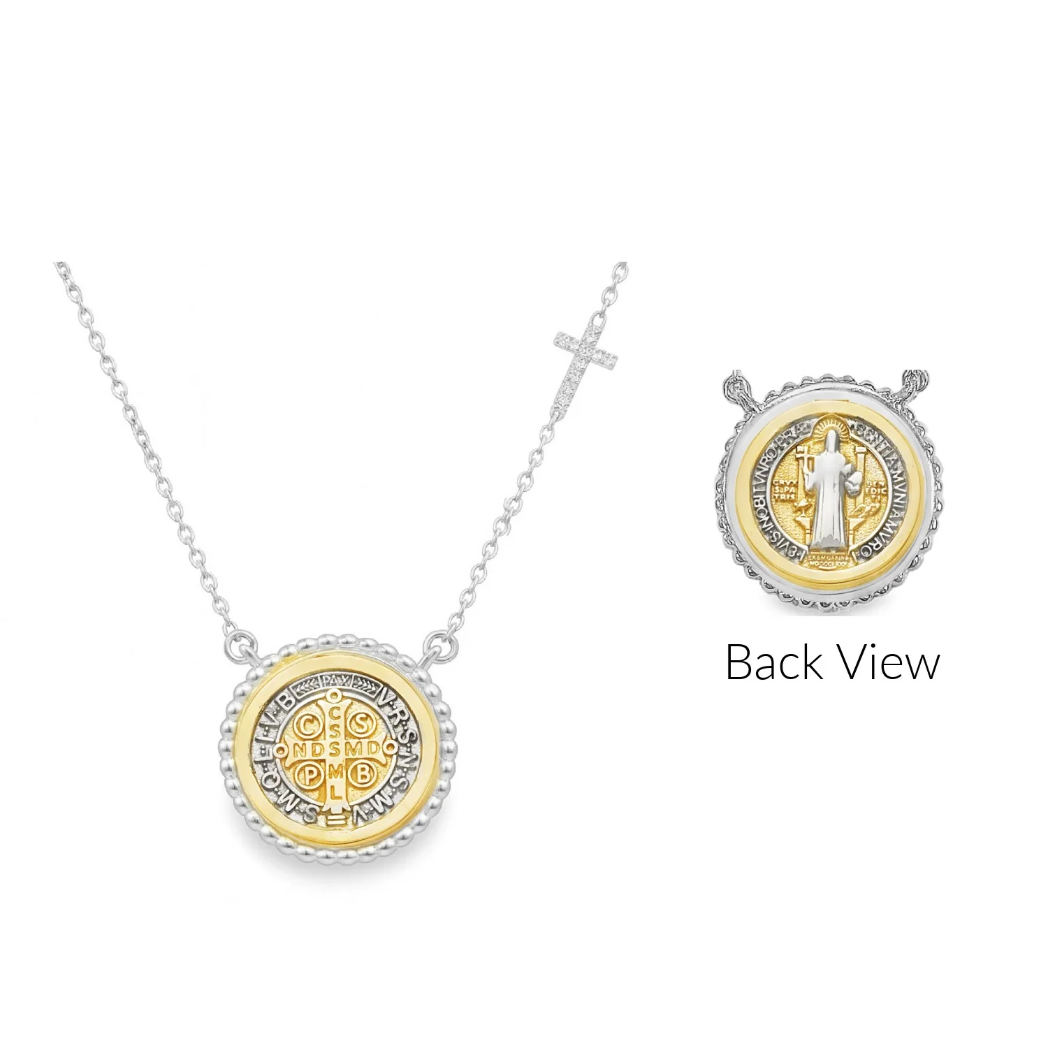 Beaded Border Saint Benedict Medal with Mini Diamond Accent Cross Necklace - Image 11