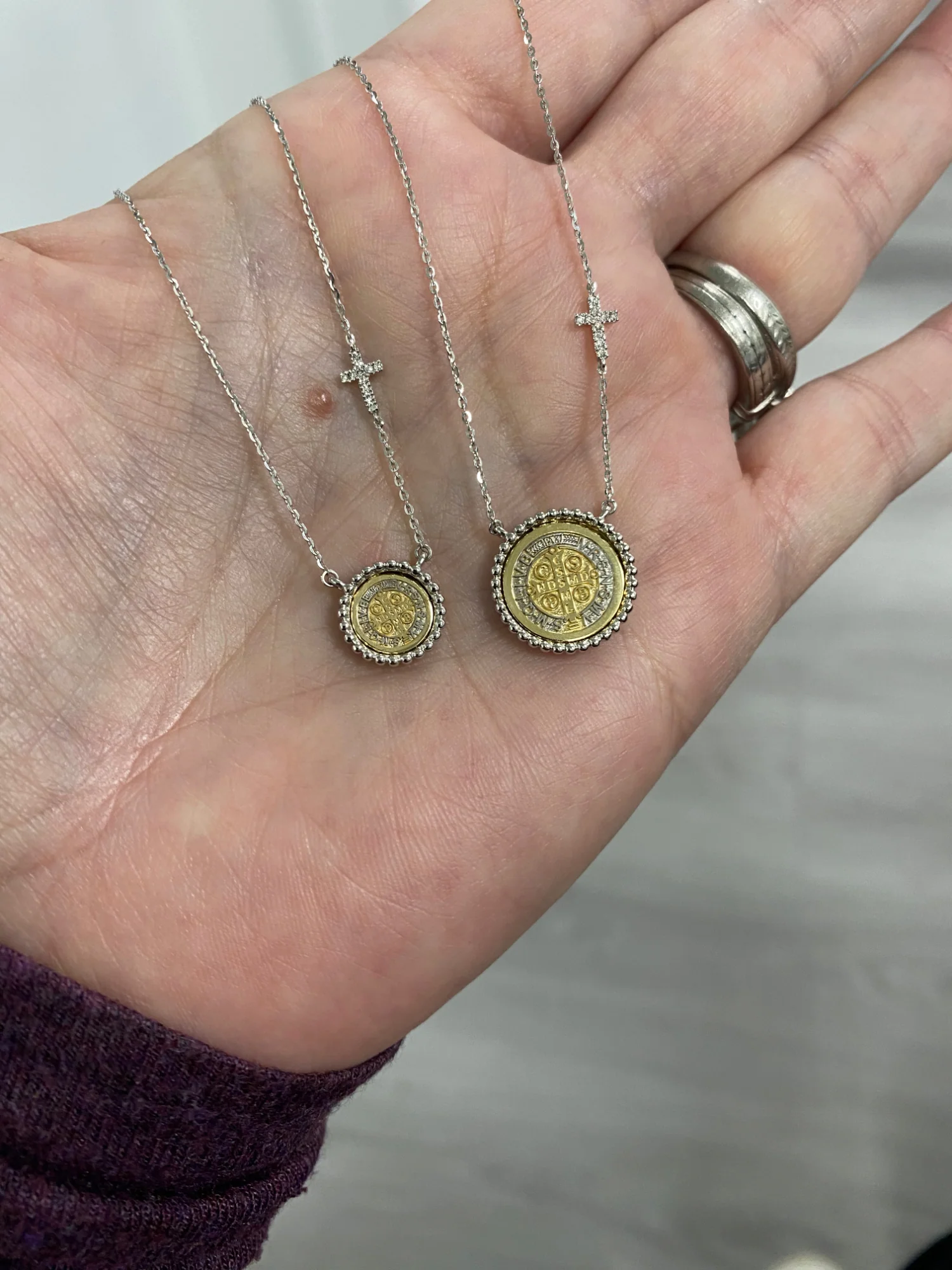 Beaded Border Mini Saint Benedict Medal with Mini Diamond Accent Cross Necklace - Image 12