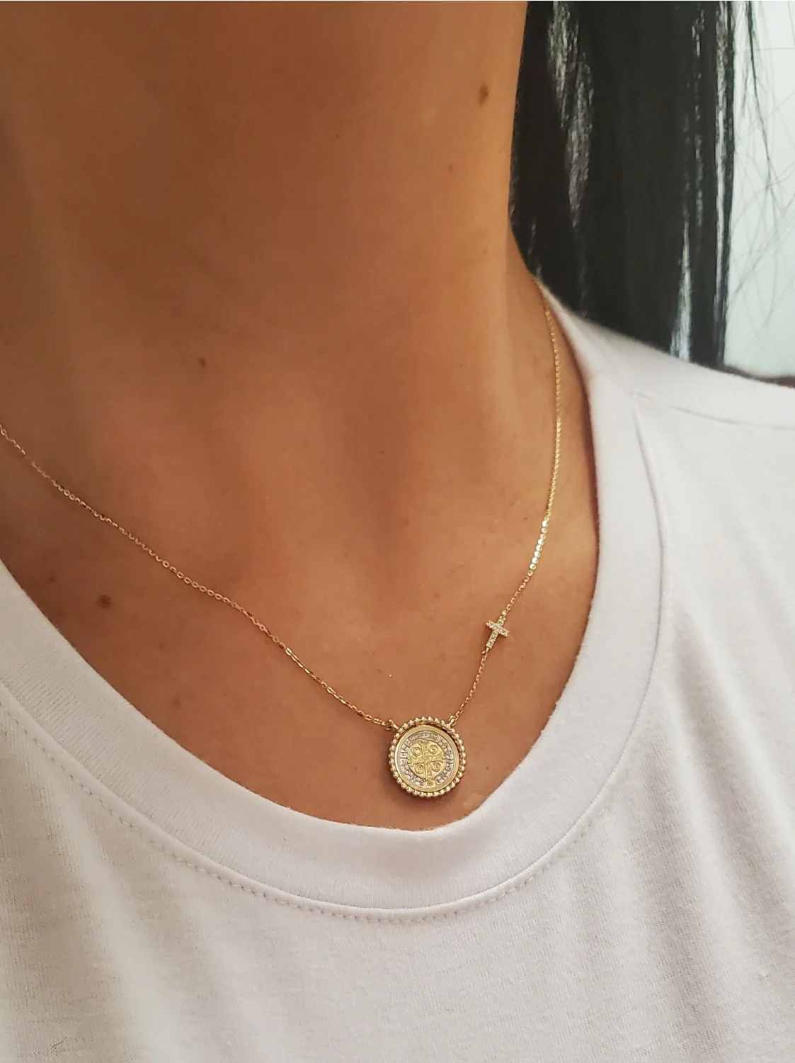 Beaded Border Saint Benedict Medal with Mini Diamond Accent Cross Necklace - Image 3