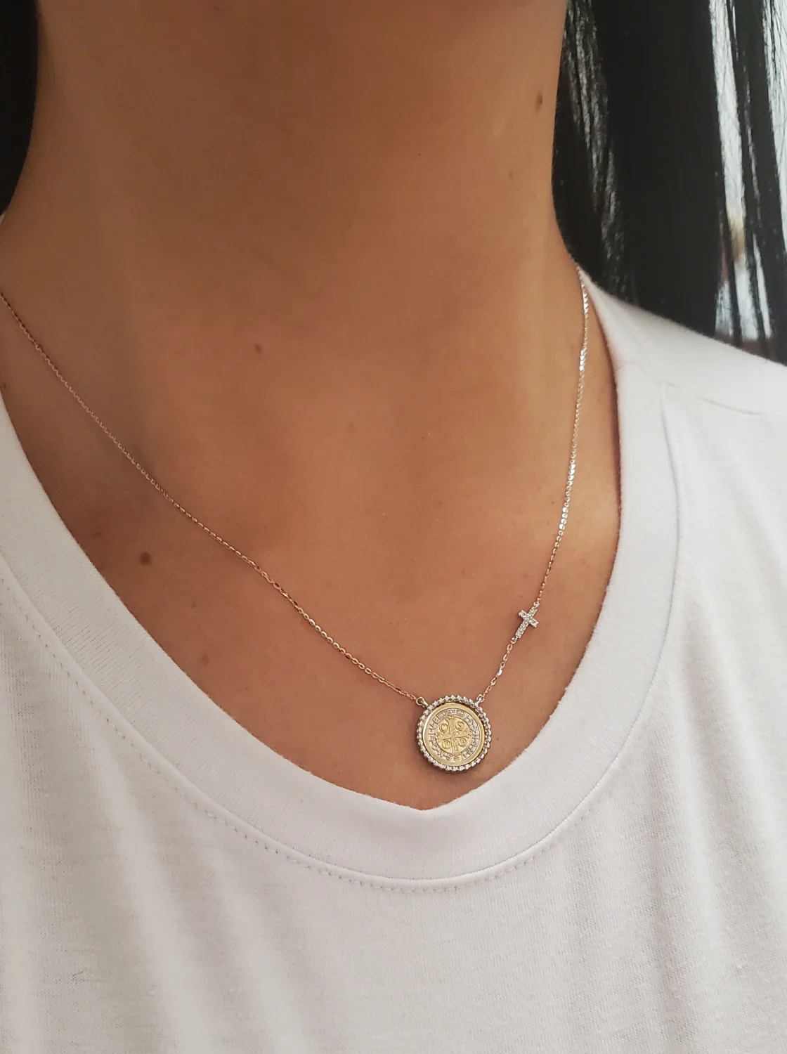 Beaded Border Saint Benedict Medal with Mini Diamond Accent Cross Necklace - Image 4