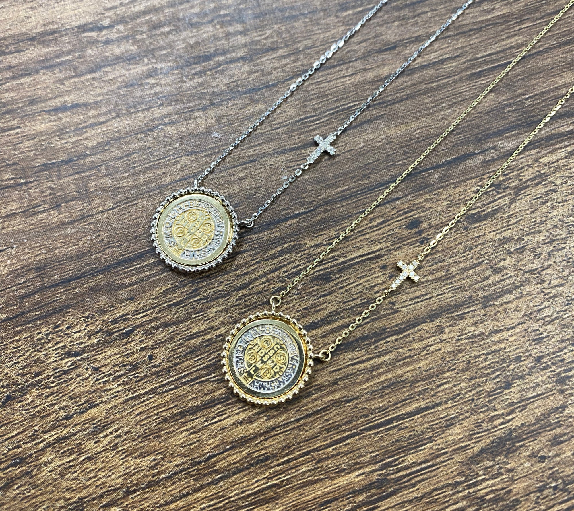 Beaded Border Saint Benedict Medal with Mini Diamond Accent Cross Necklace - Image 5