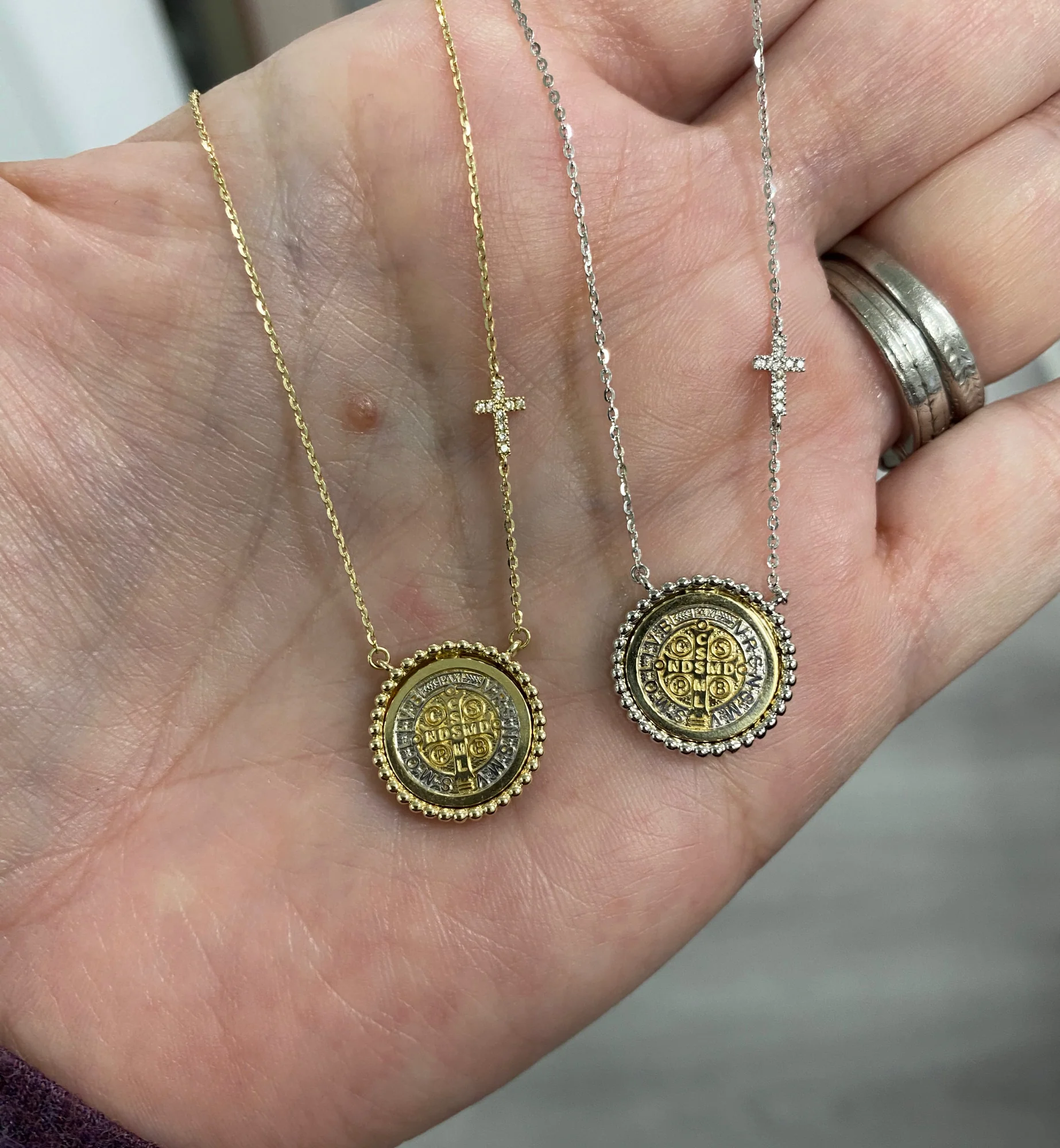 Beaded Border Saint Benedict Medal with Mini Diamond Accent Cross Necklace - Image 6